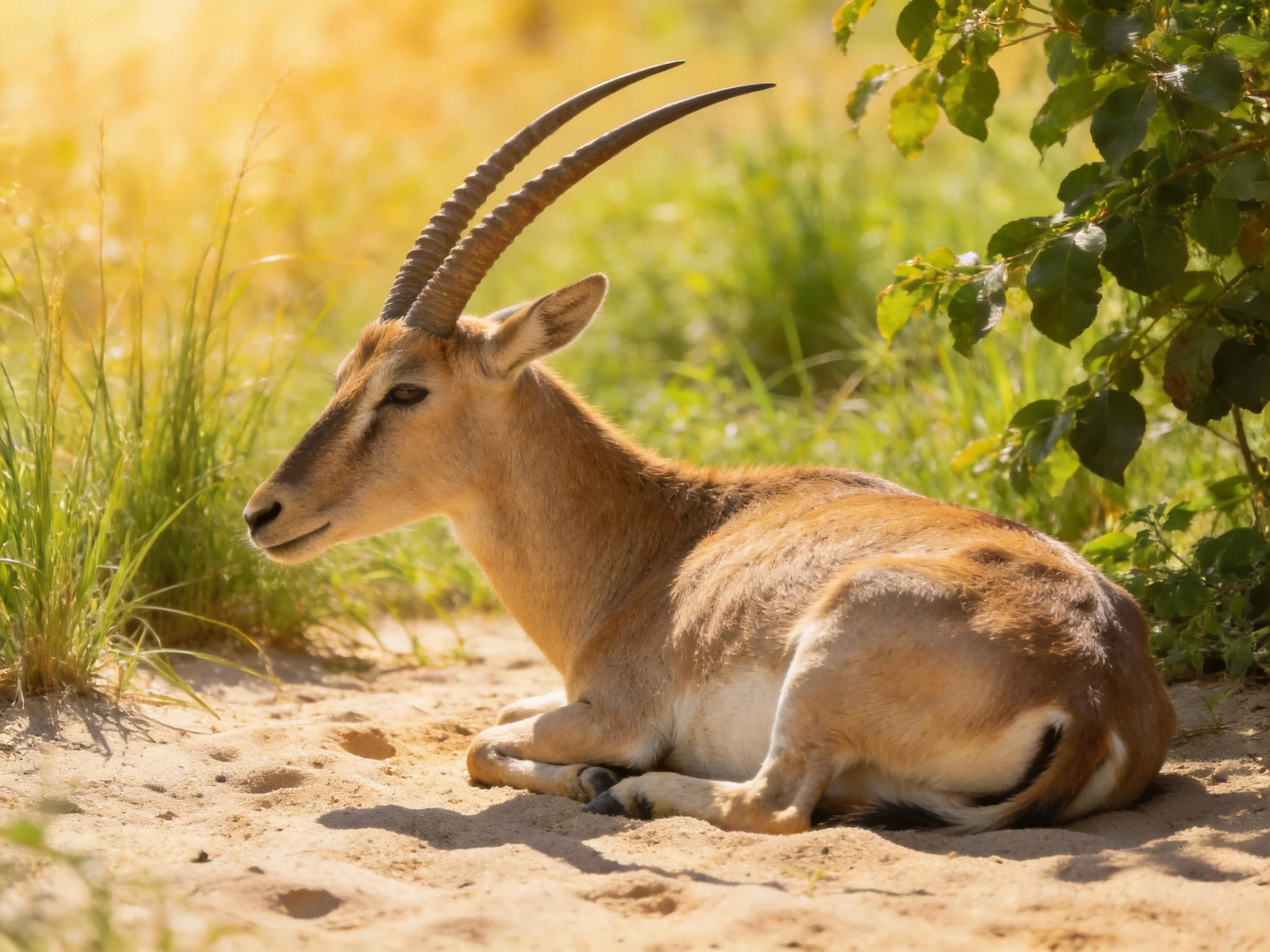 A tan-horned antelope rests on sandy ground near green foliage