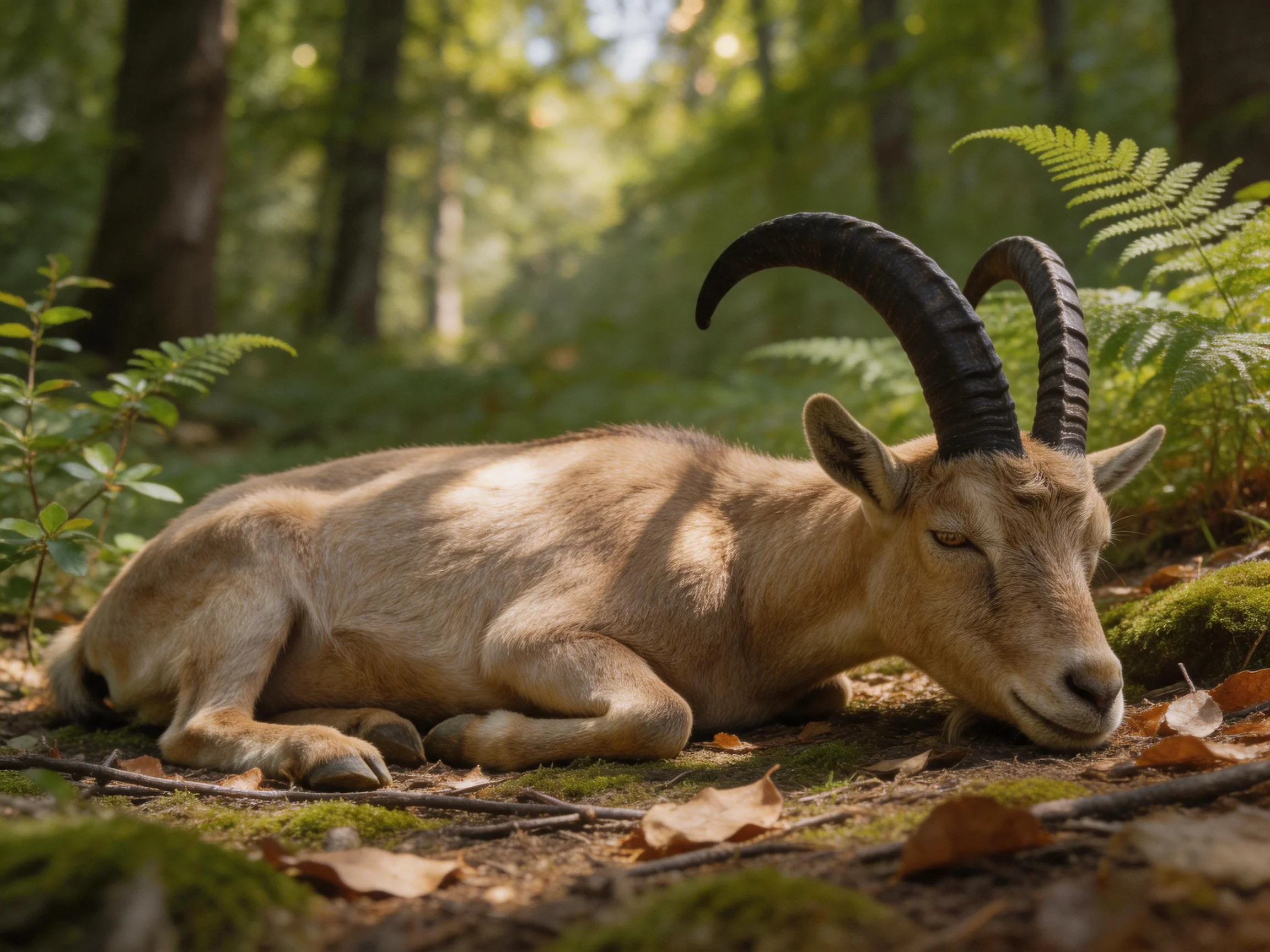 A tan-horned goat rests in a sun-dappled forest clearing