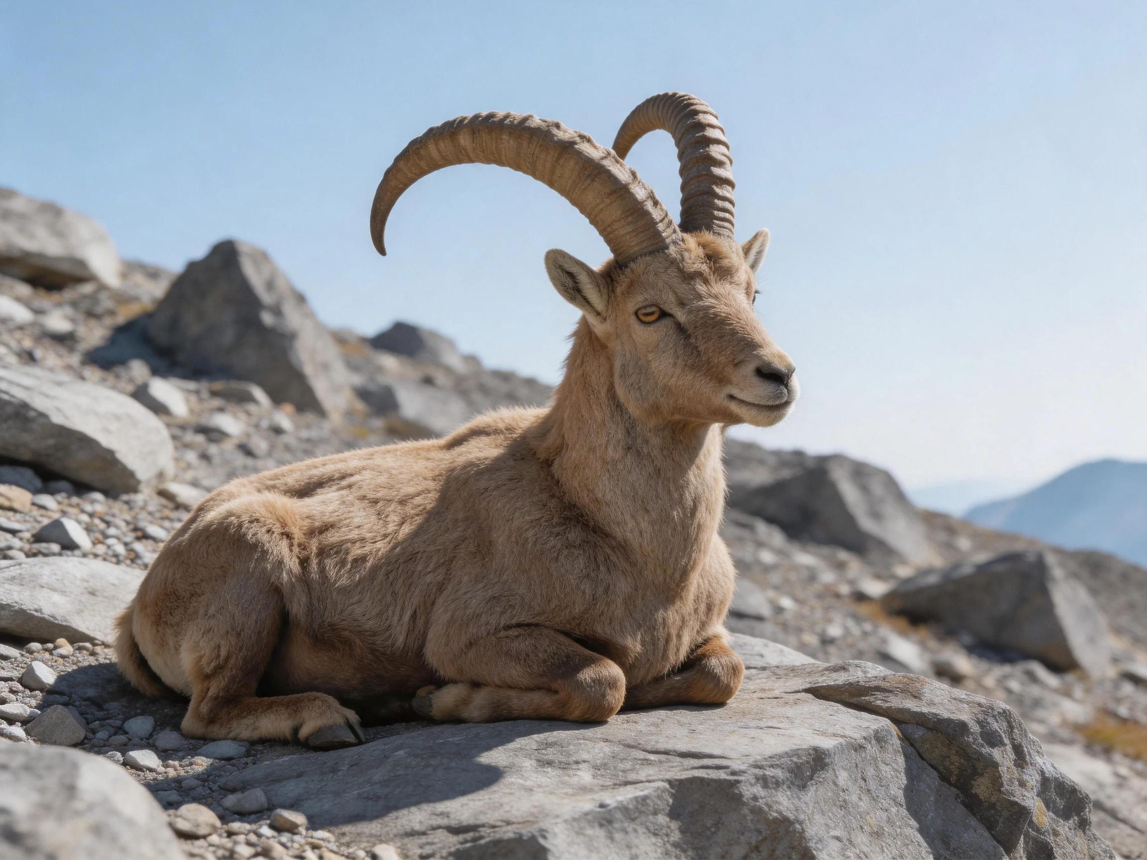 A tan-horned goat rests on rocky mountain terrain under bright daylight