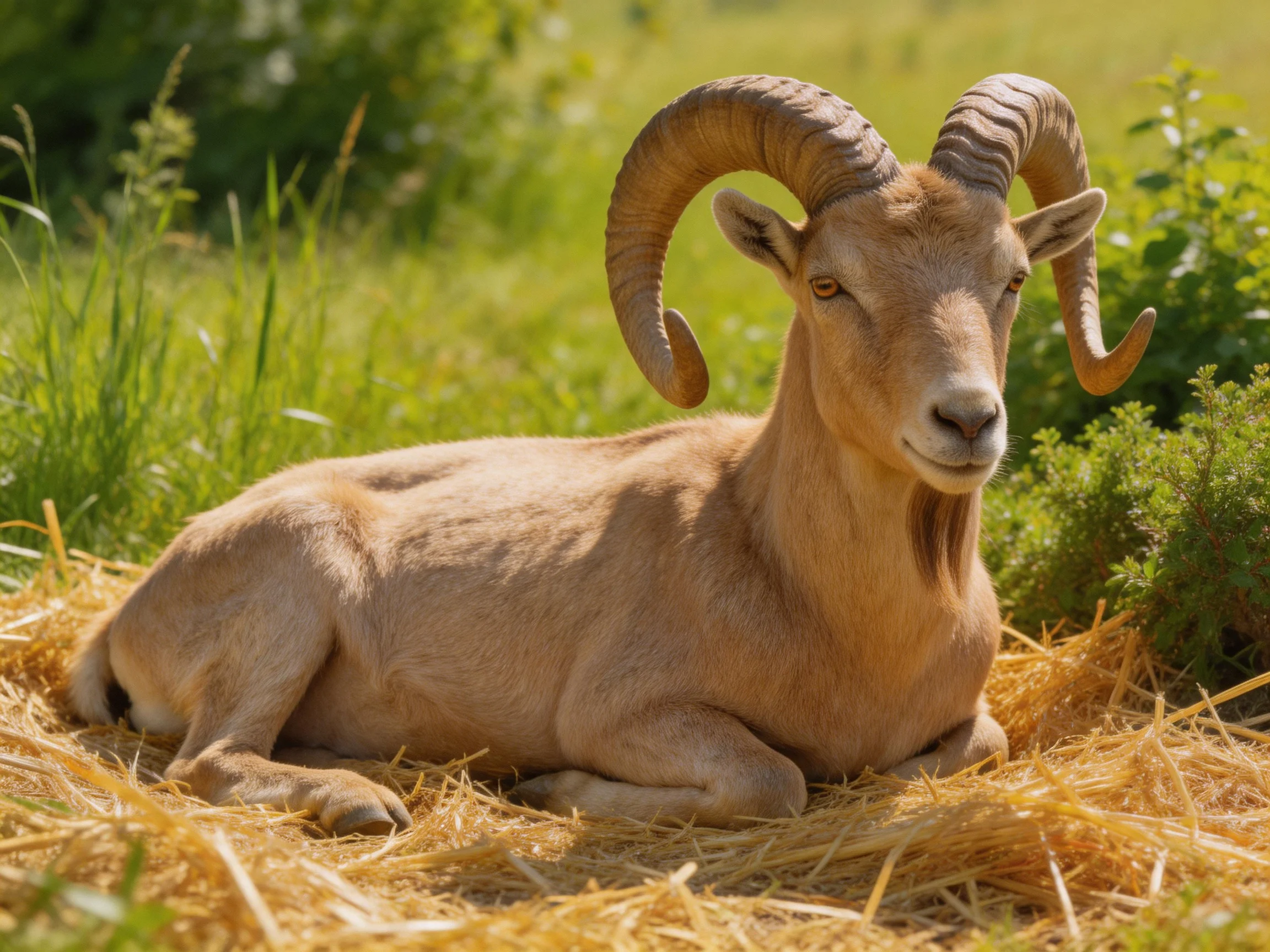 A tan - horned ram rests on golden straw amidst vibrant greenery