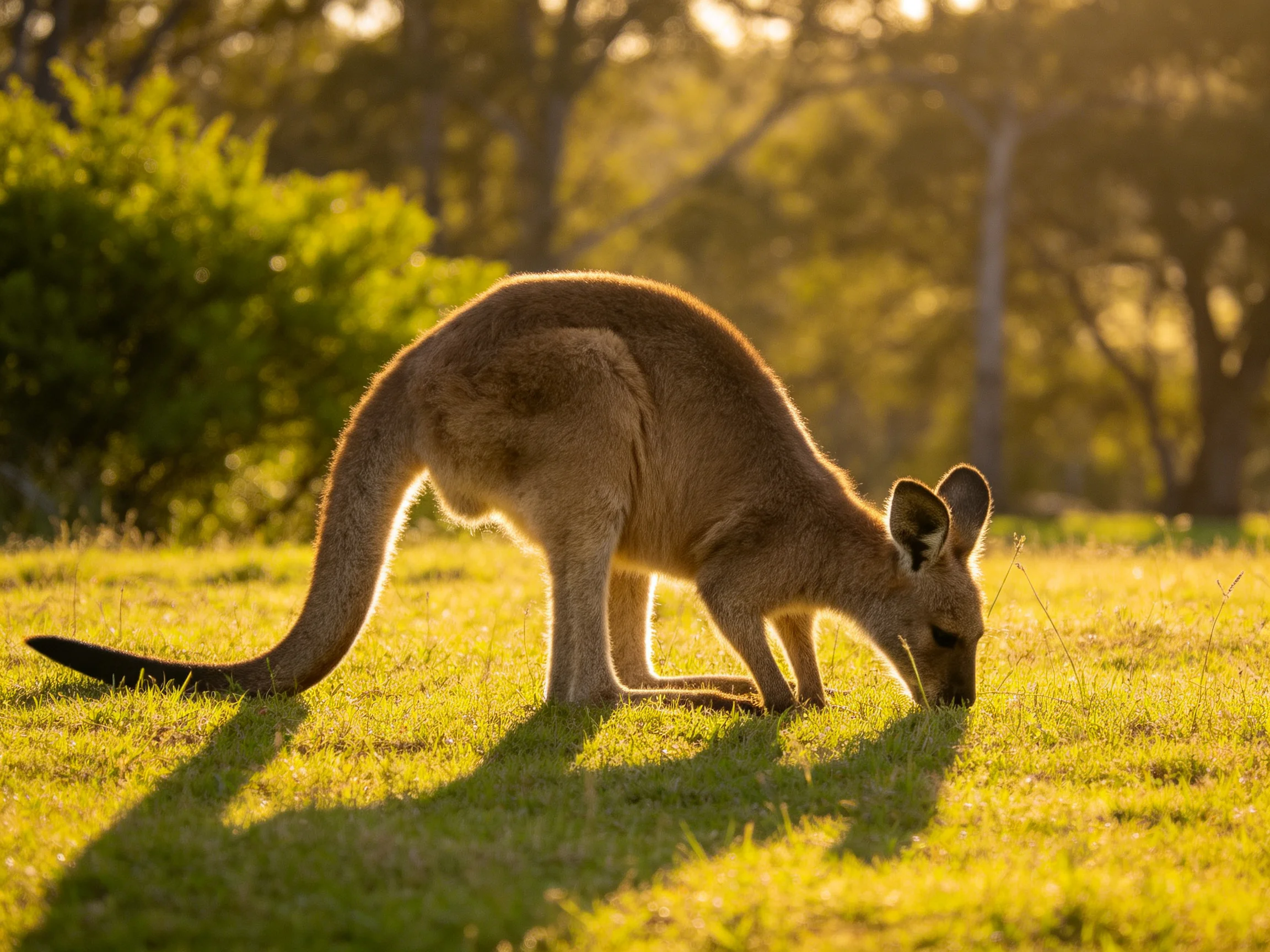 A tan kangaroo feeds on grass in a sunlit wooded environment