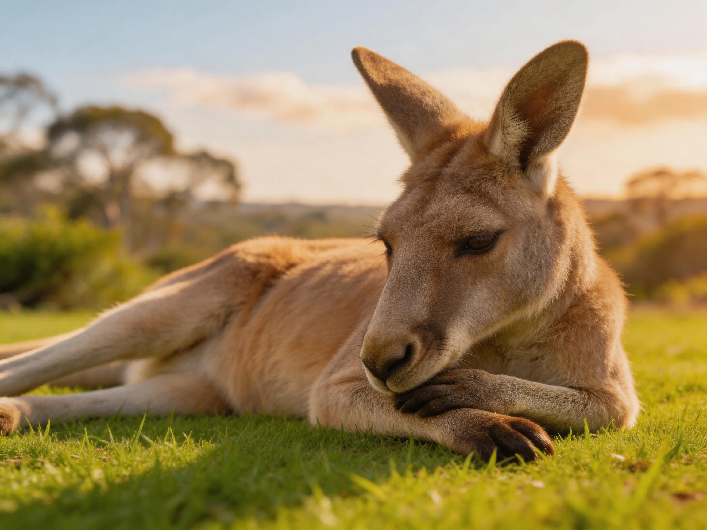 A tan kangaroo reclines on lush green grass during golden hour
