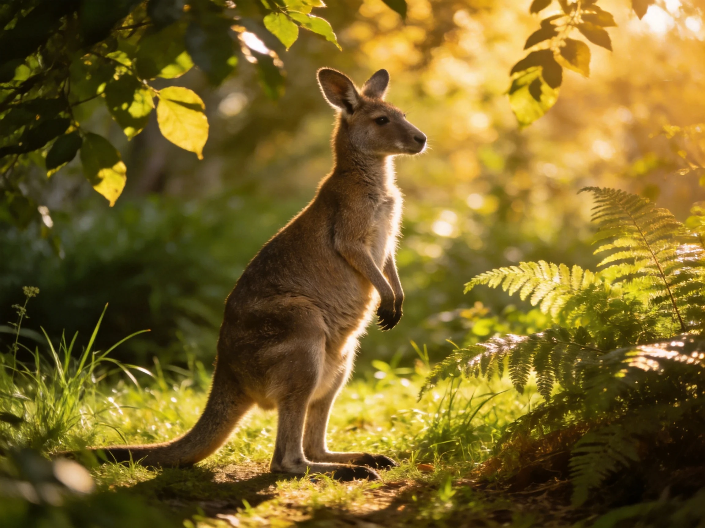 A tan kangaroo stands amid lush green foliage in golden sunlight