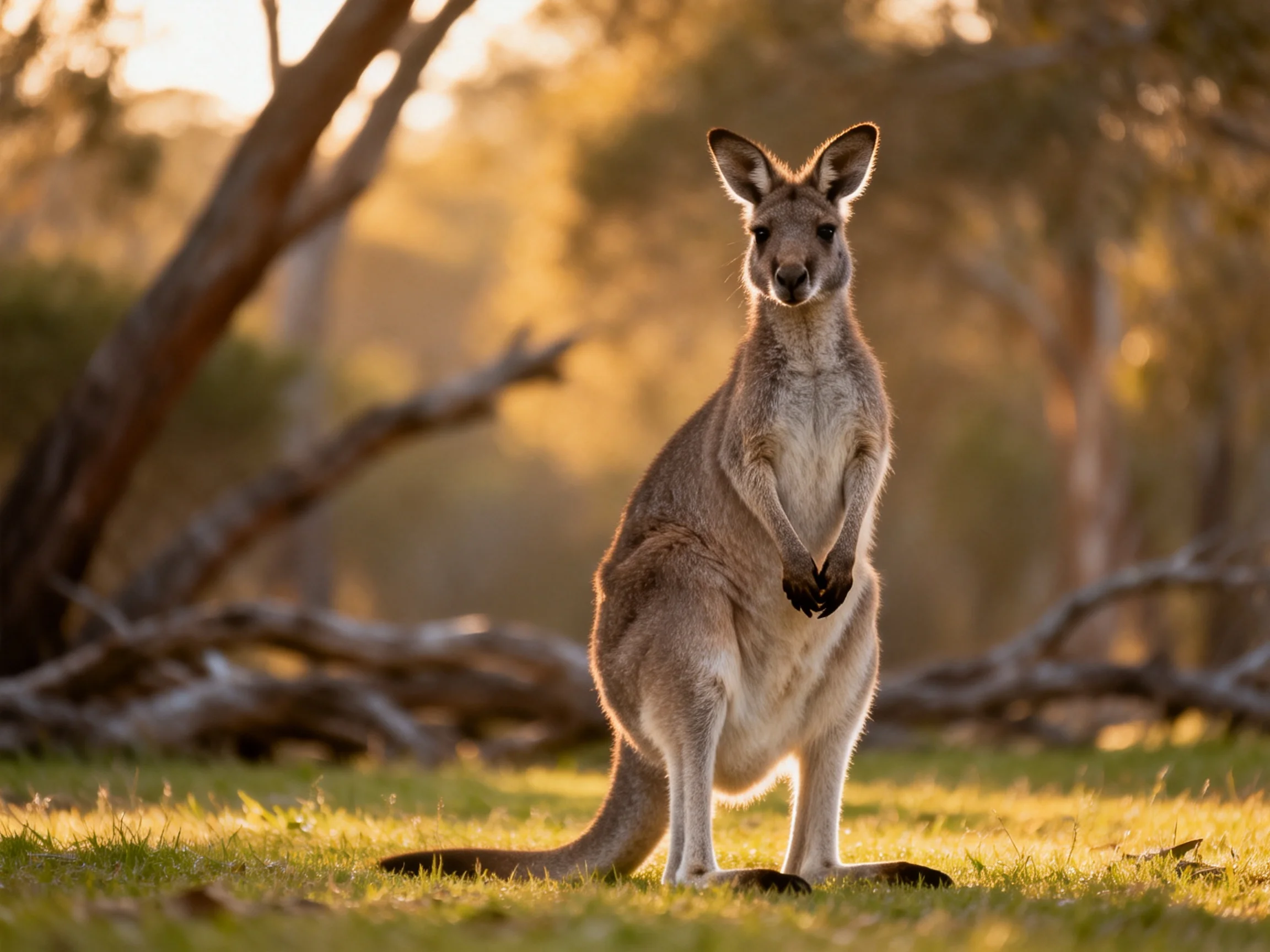 A tan kangaroo stands in a sun-drenched forest clearing