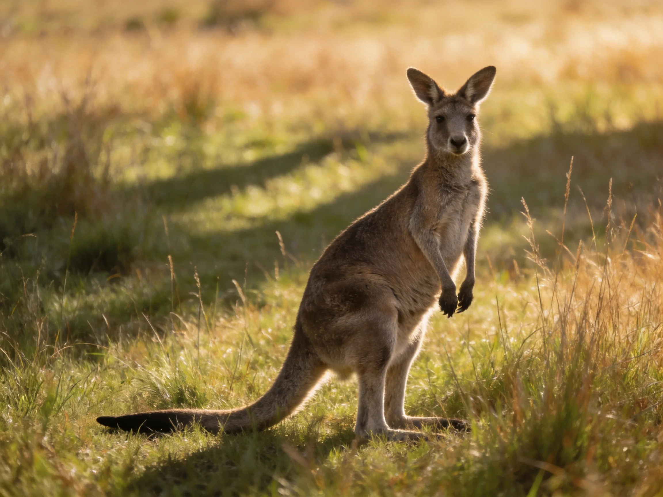 A tan kangaroo stands in a sun-drenched grassy meadow