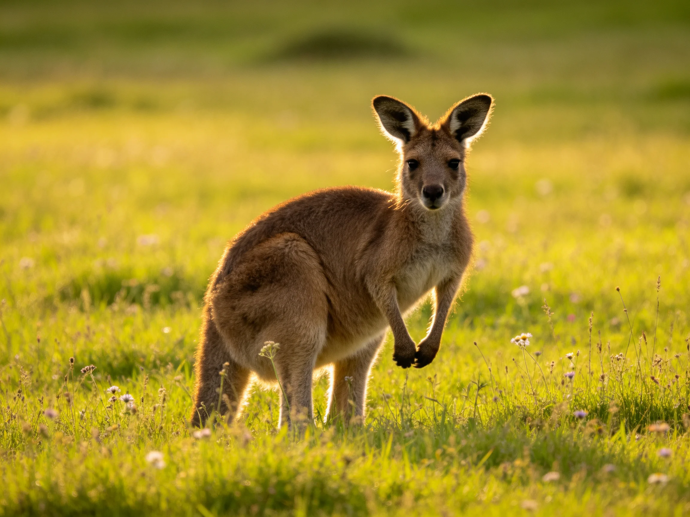 A tan kangaroo stands in a sun-drenched grassy meadow with wildflowers