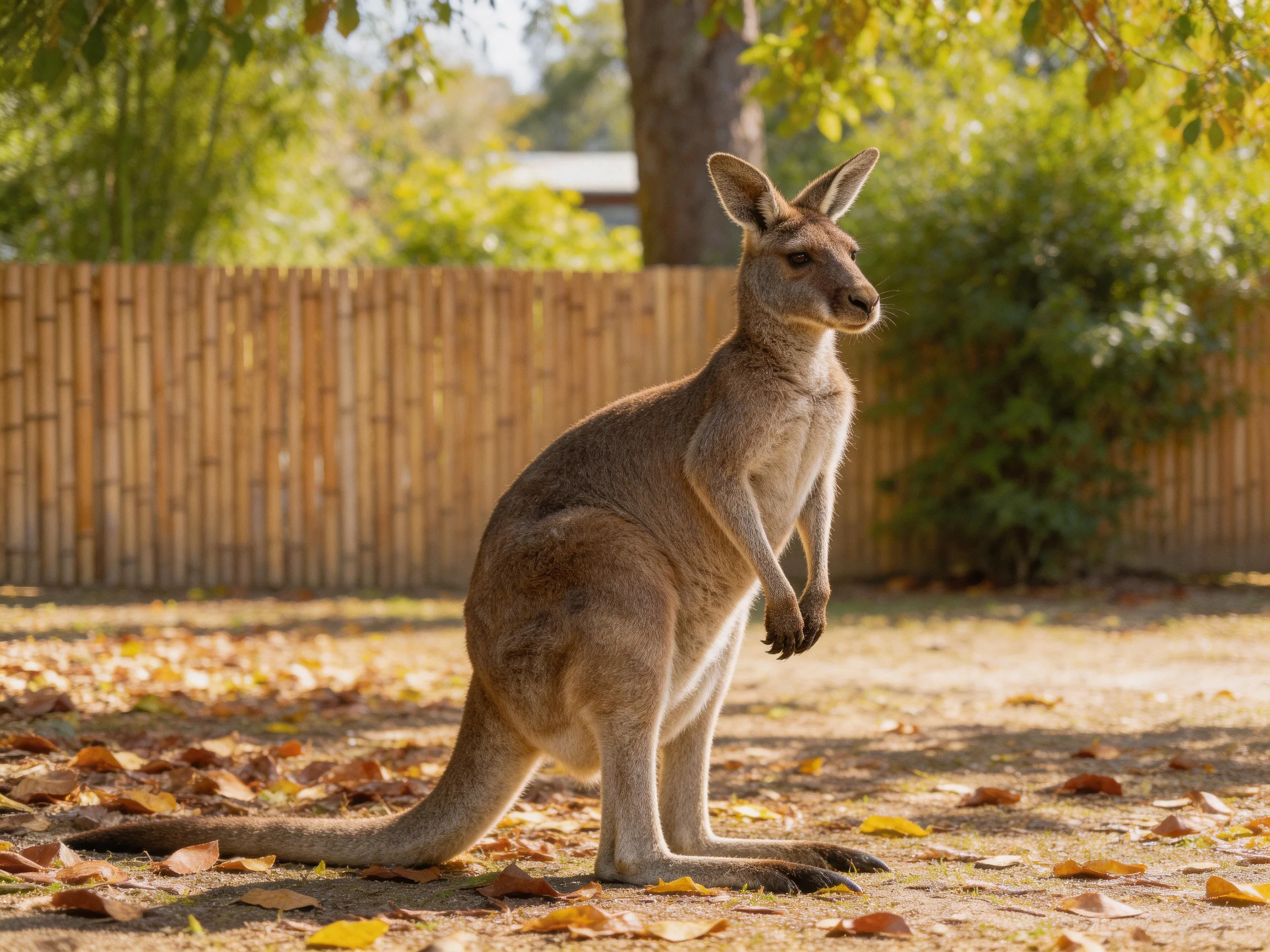 A tan kangaroo stands near a wooden fence with fallen autumn leaves