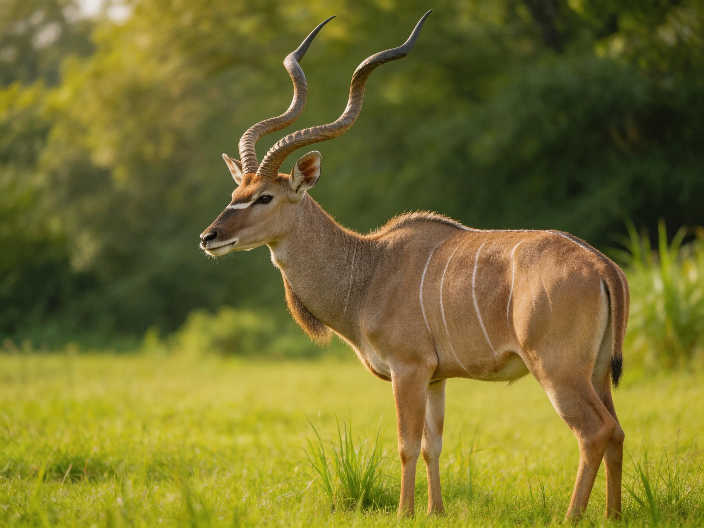 A tan kudu with spiraled horns in a sunlit meadow