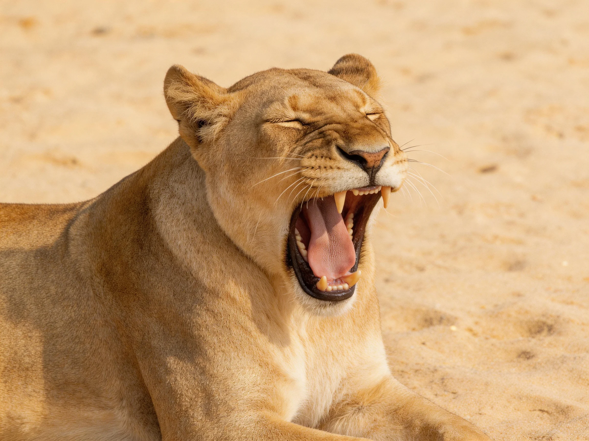 A tan lioness yawns widely on a sandy terrain