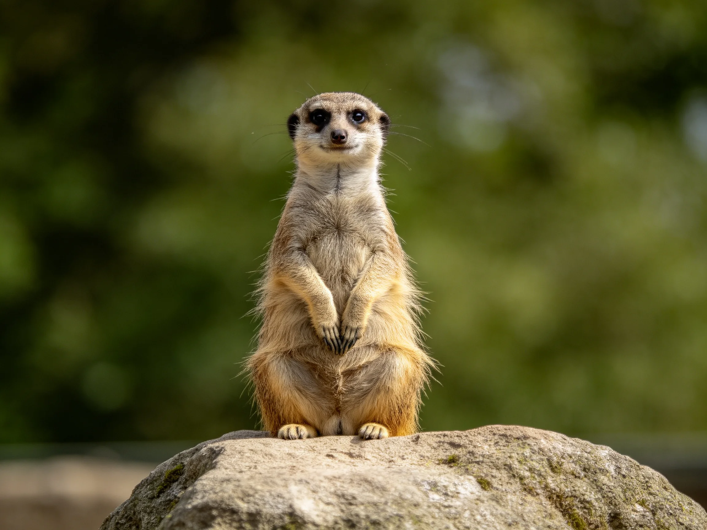 A tan meerkat stands alert on a mossy rock amid greenery