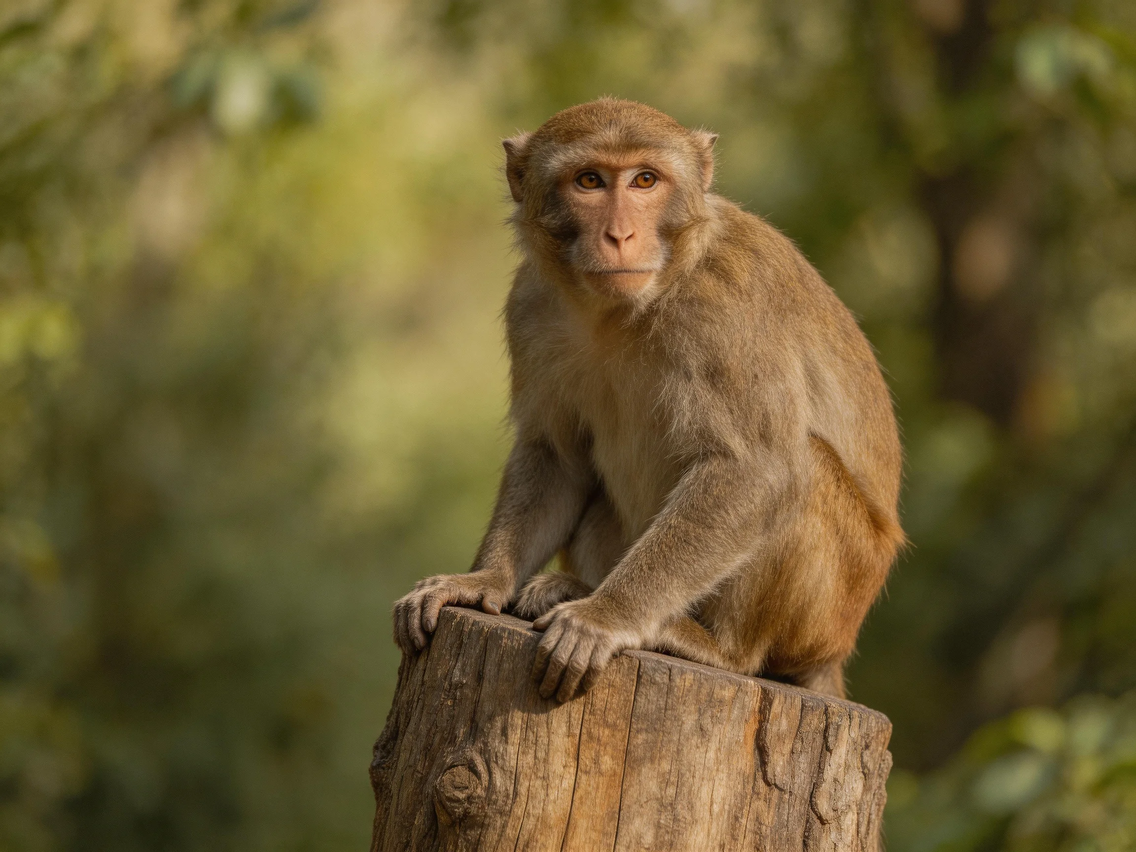 A monkey sits on a wooden post surrounded by green foliage.