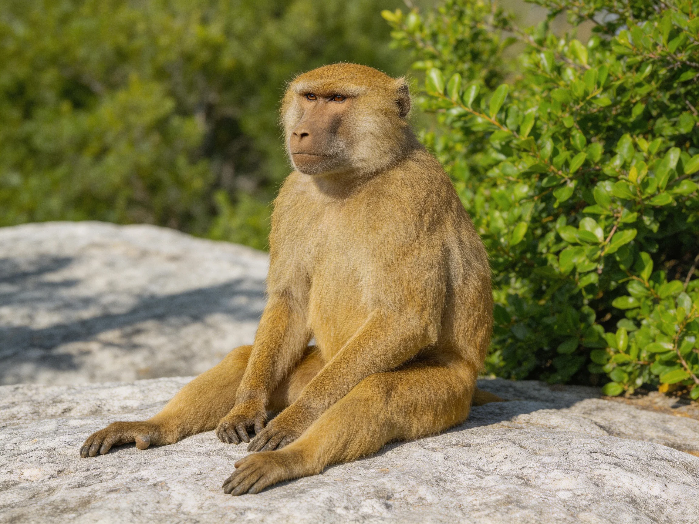 A tan monkey sits on a large gray rock near lush green bushes
