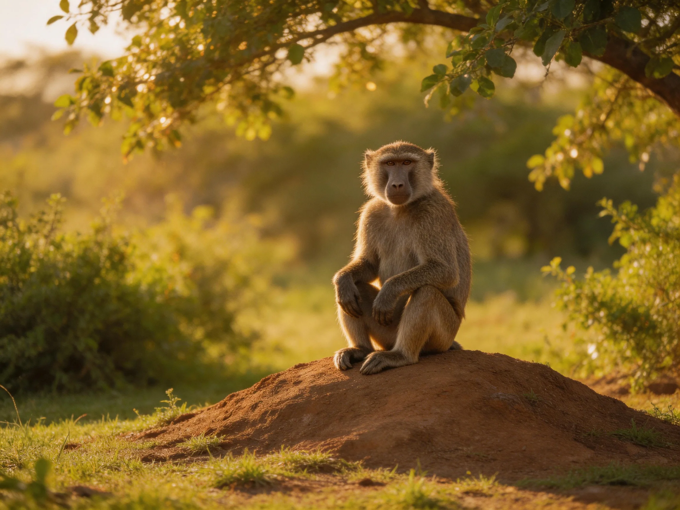 A tan monkey sits on a reddish mound in a sunlit natural setting