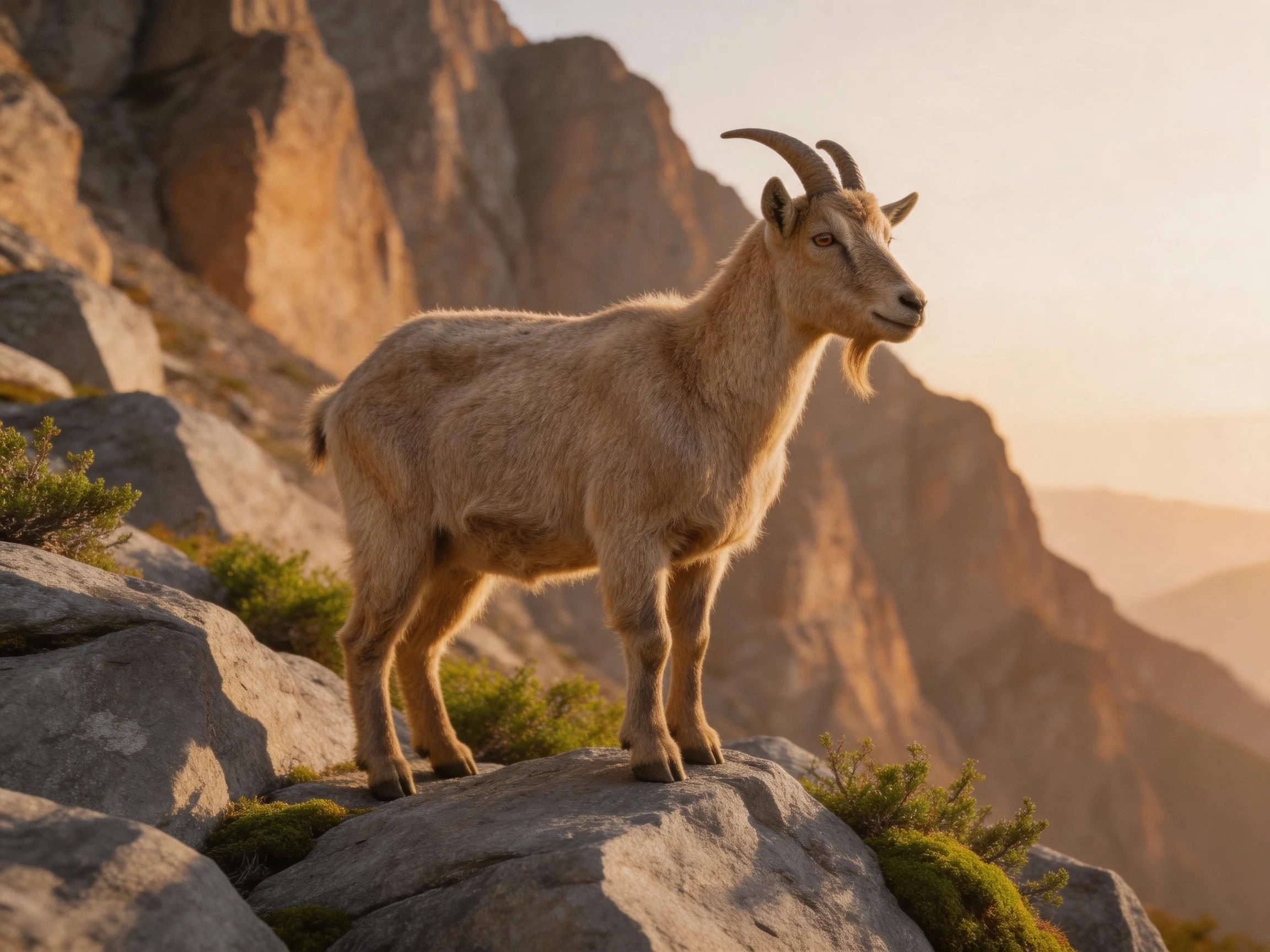 A tan mountain goat stands on rocky terrain with steep cliffs in the background.