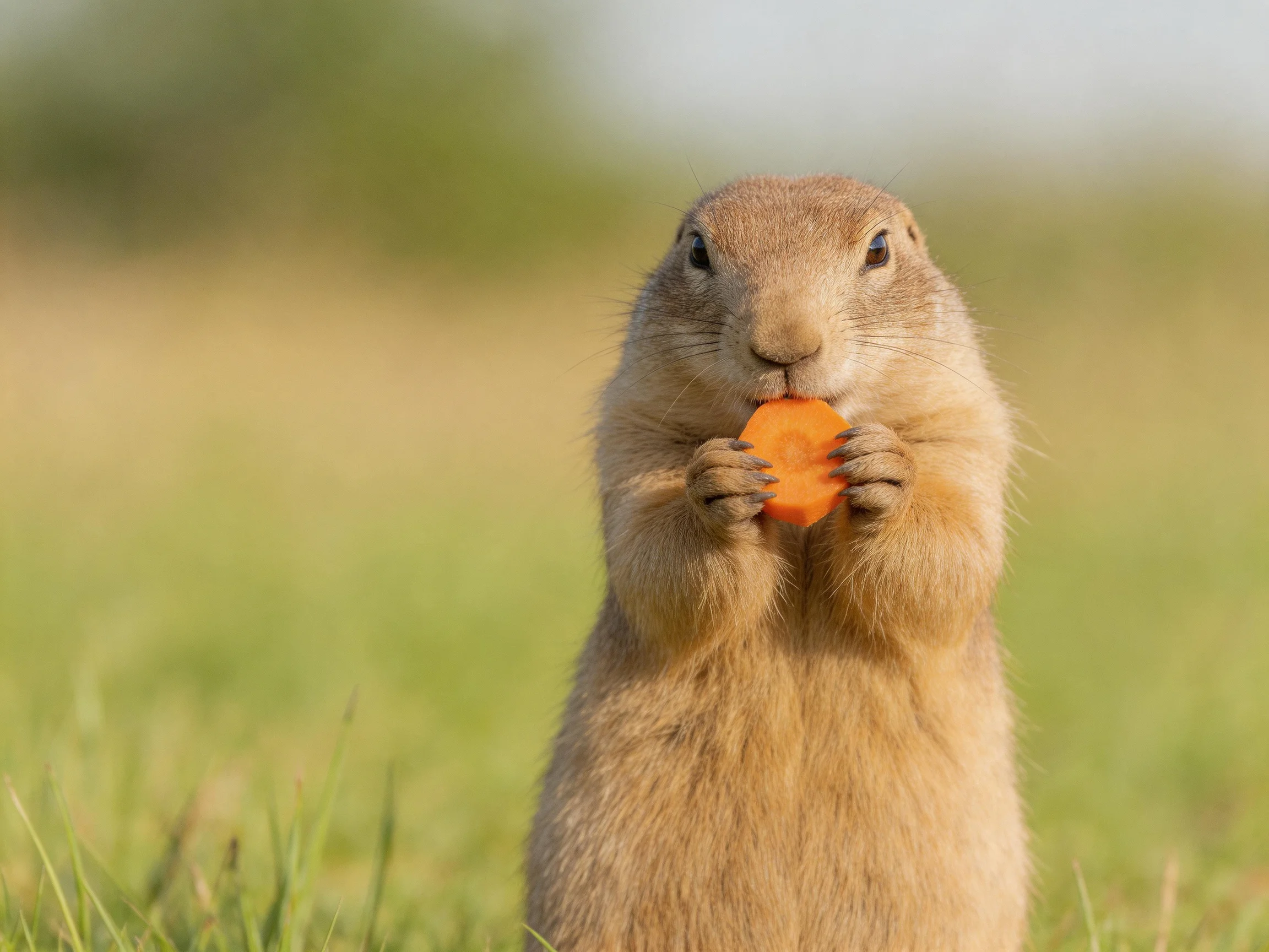 A tan prairie dog eating an orange carrot in a green meadow
