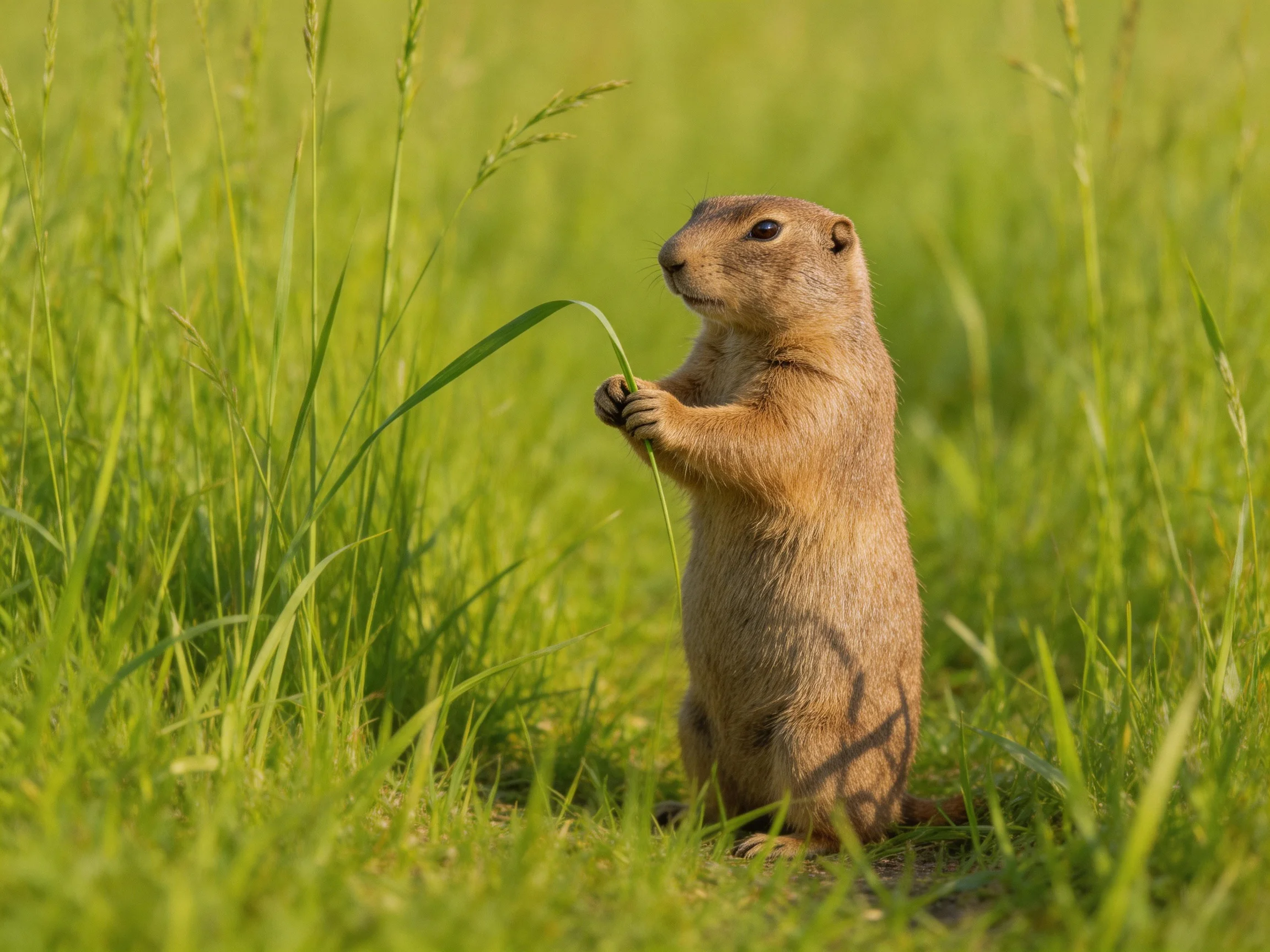 A tan prairie dog holds a green blade of grass in a lush meadow