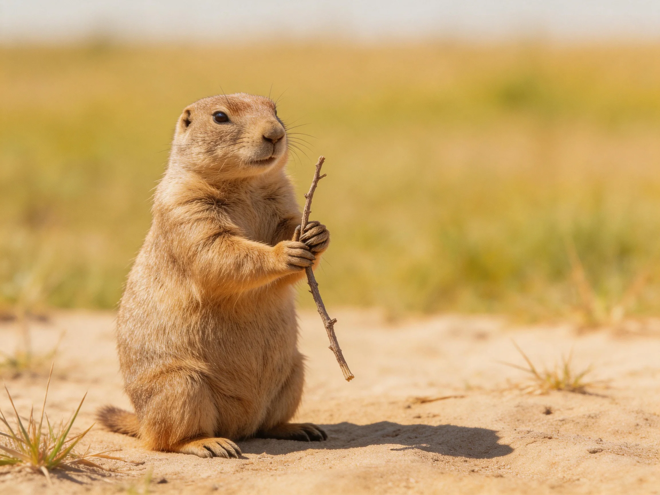 A tan prairie dog holds a small brown twig on sandy ground