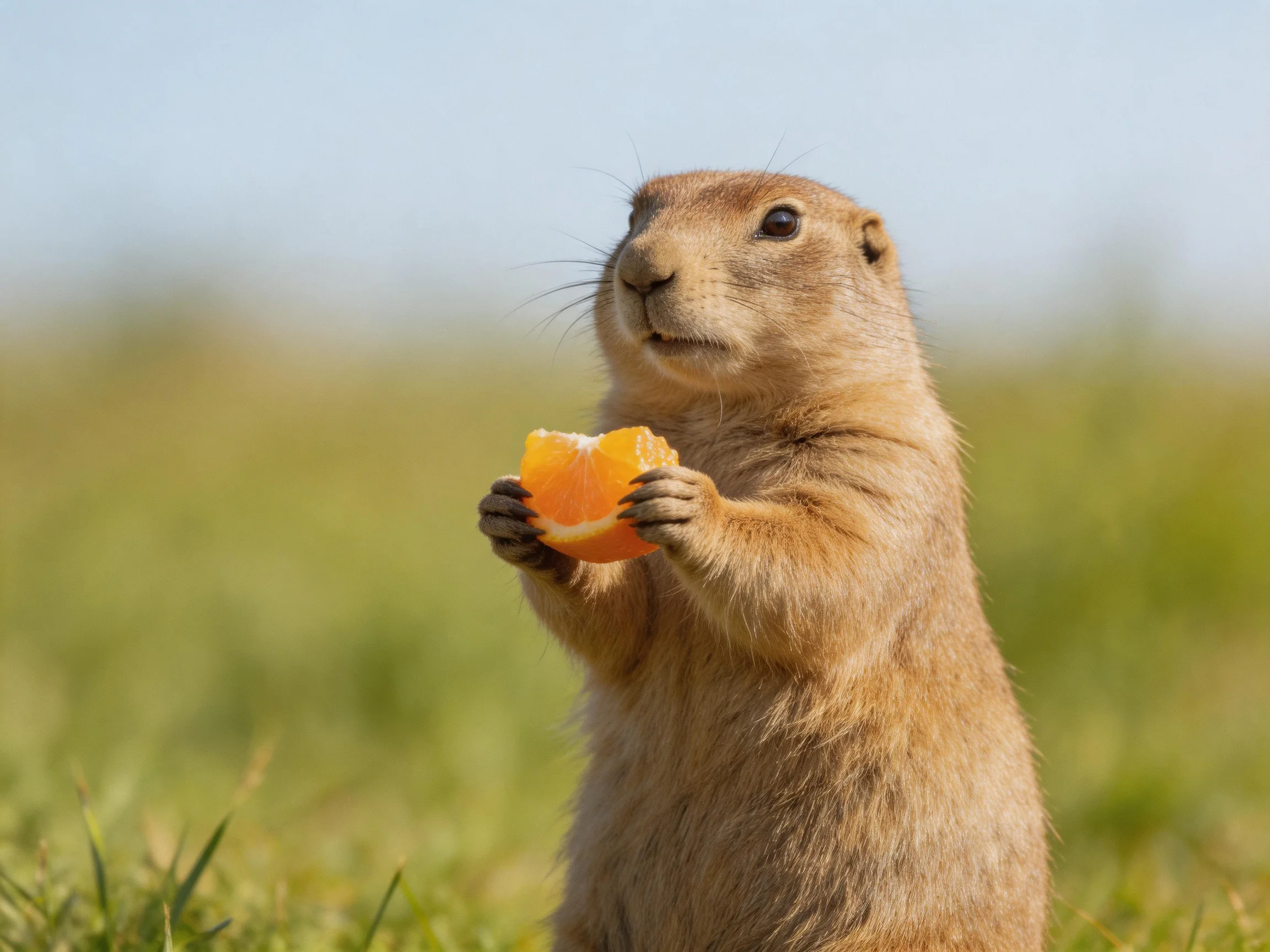A tan prairie dog holds an orange fruit slice in a grassy field