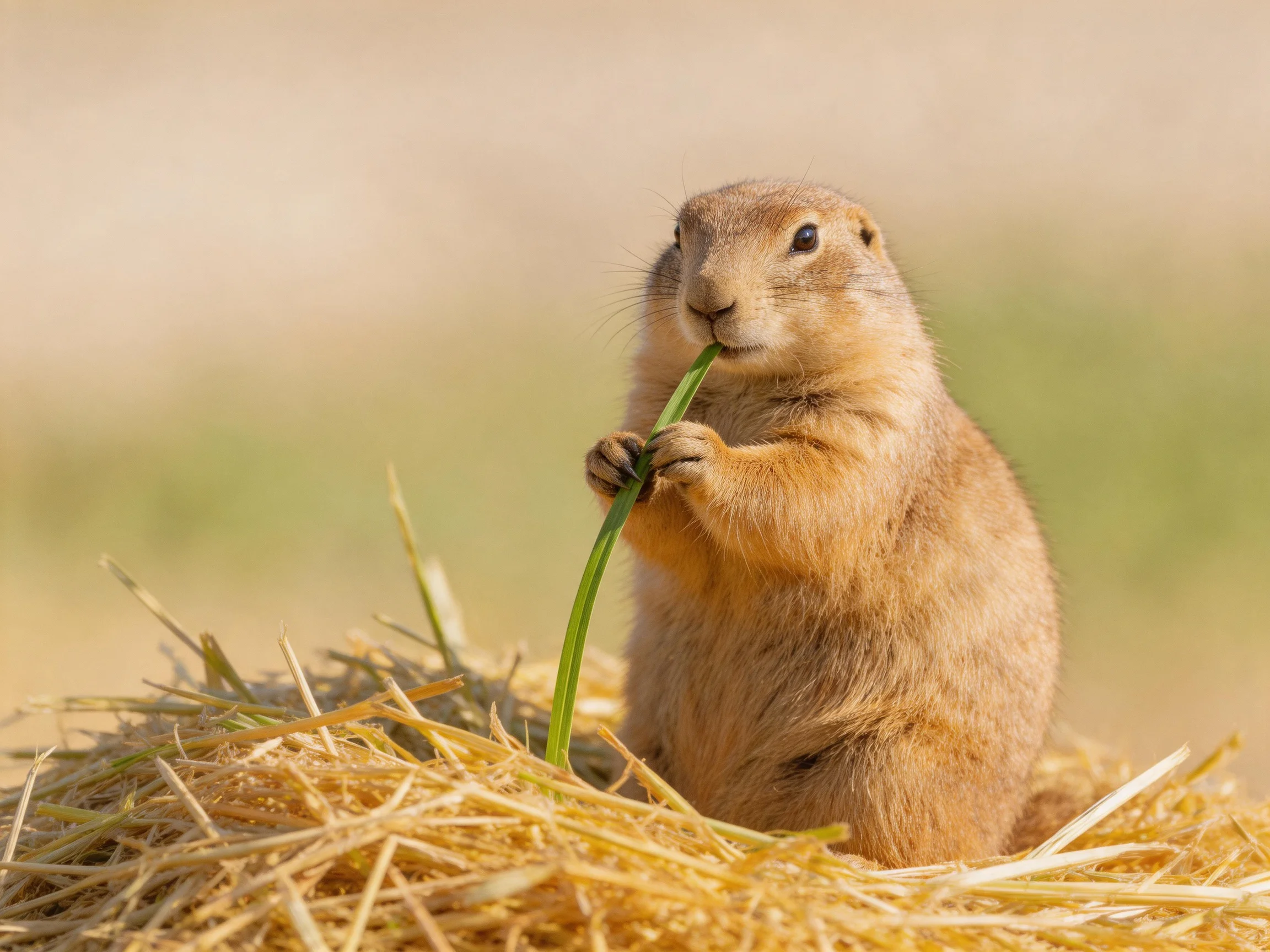 A tan prairie dog nibbles a green stem atop golden straw