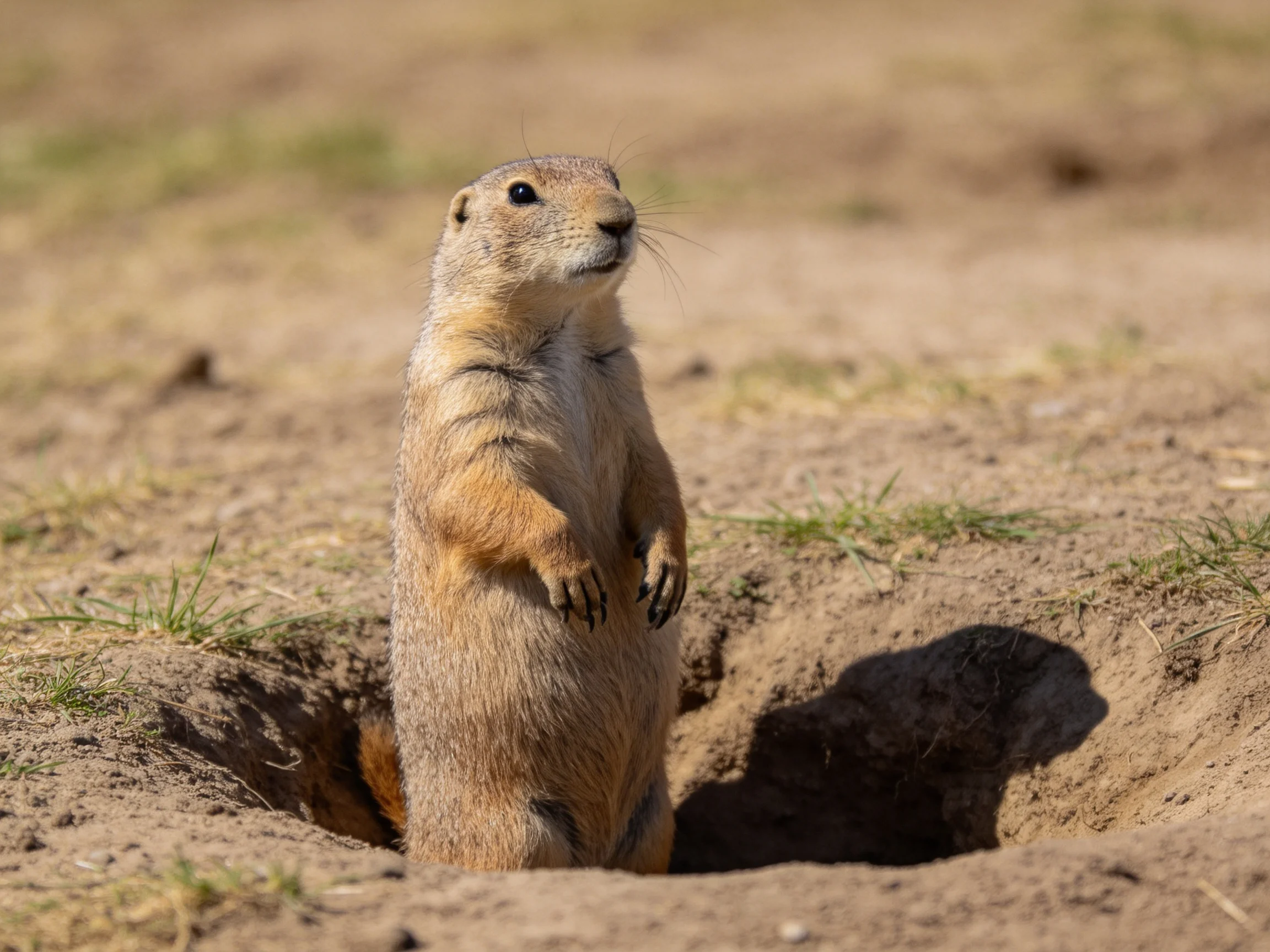A tan prairie dog stands alert in a sunlit dirt burrow