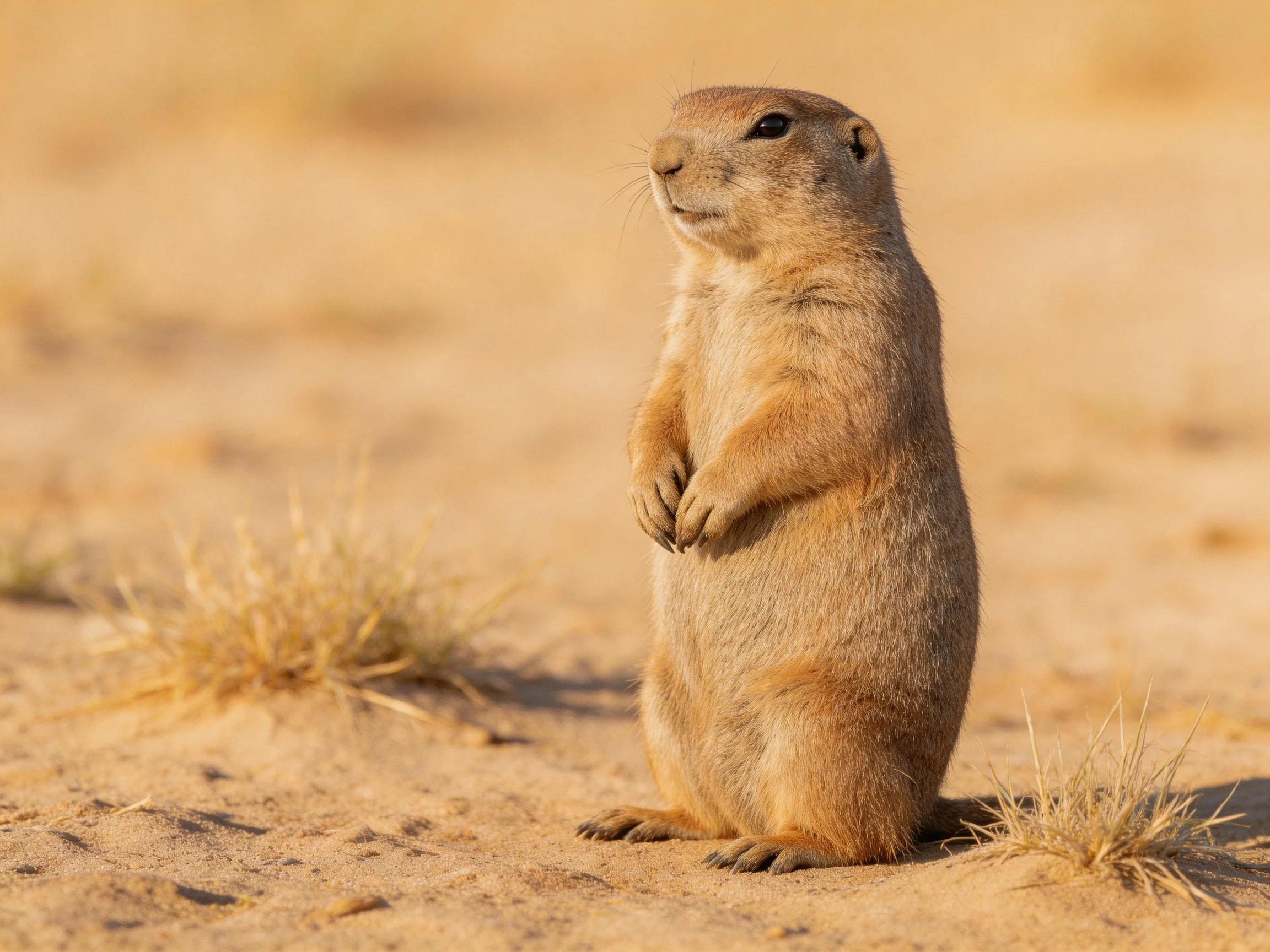 A tan prairie dog stands alert on sun-baked desert sand