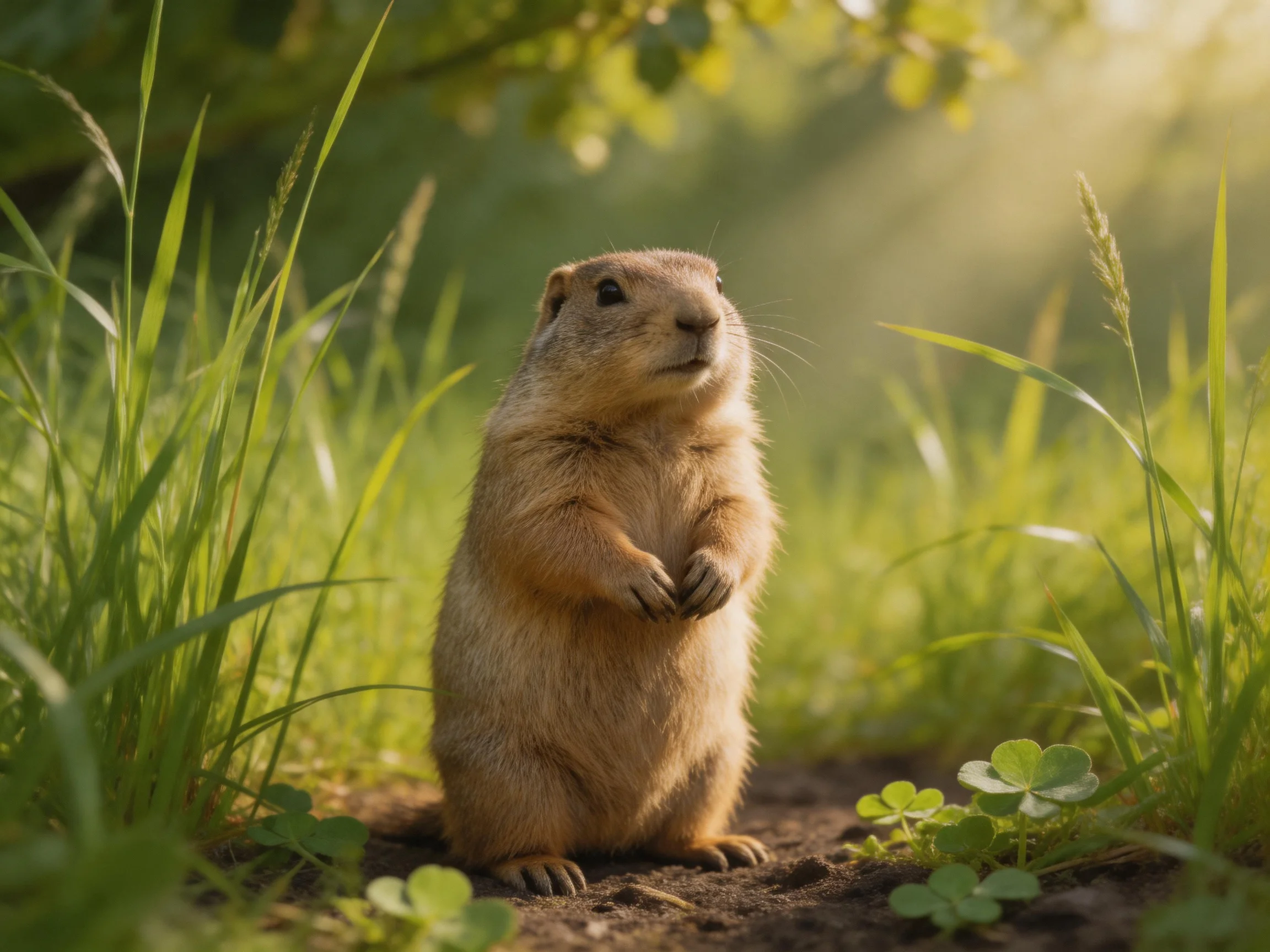 A tan prairie dog stands among tall green grasses in warm sunlight