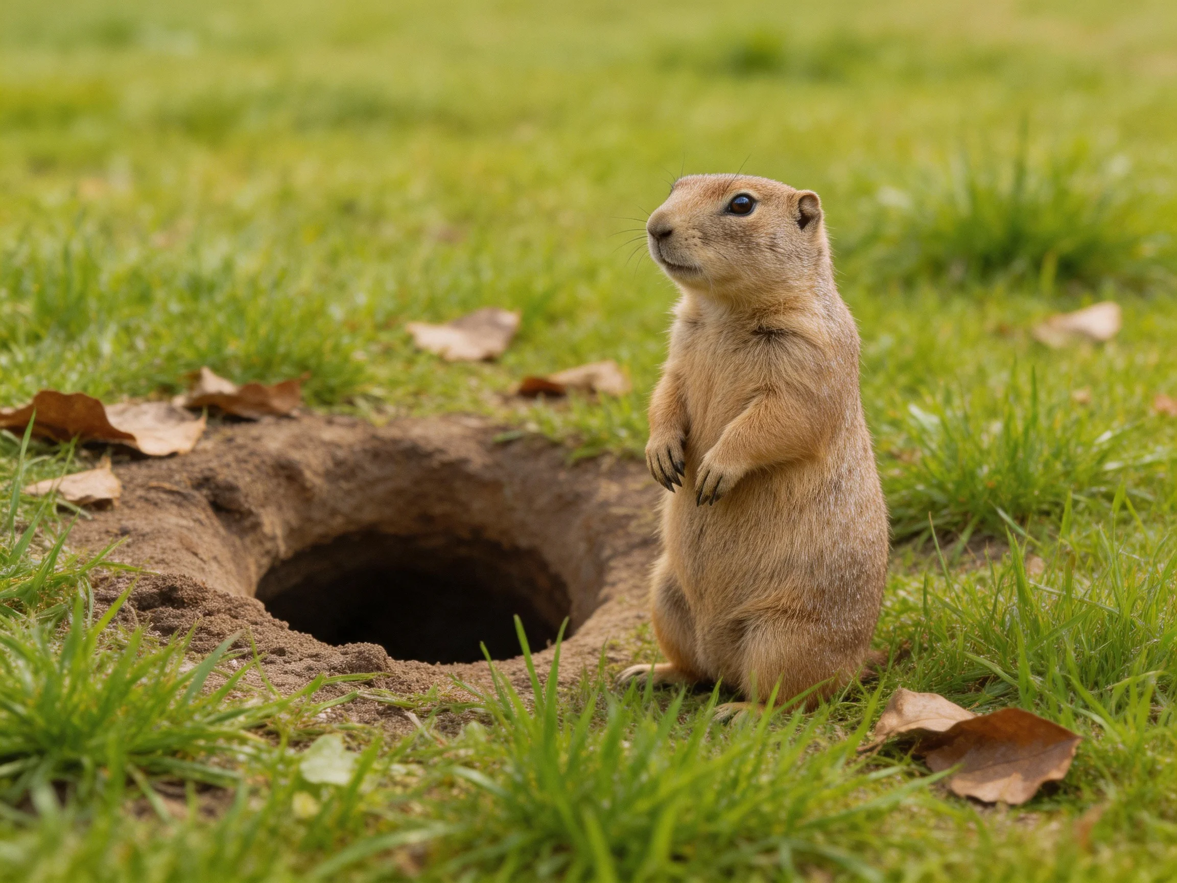 A tan prairie dog stands beside a dark burrow in lush green grass