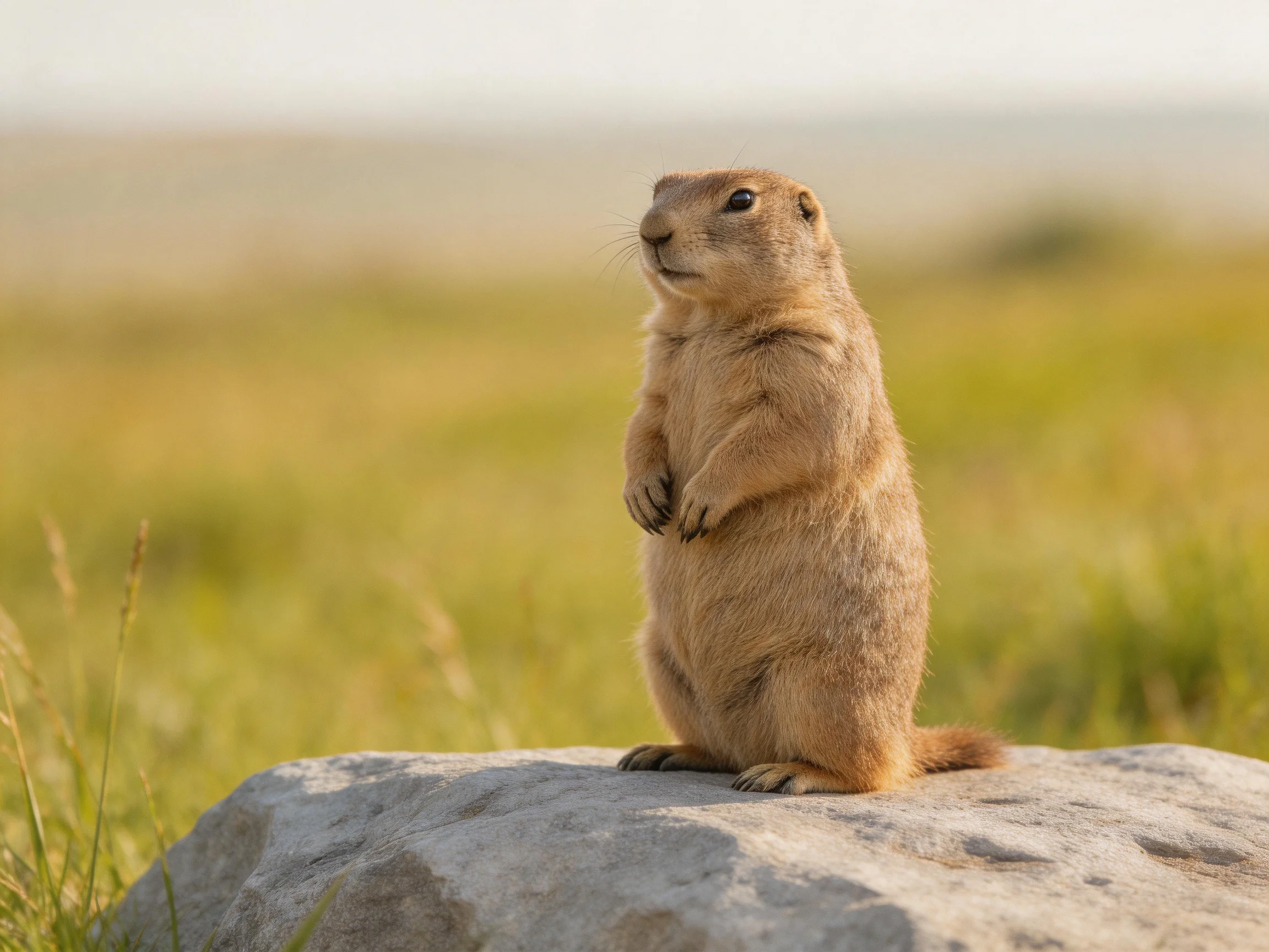 A tan prairie dog stands on a large gray rock in a grassy field