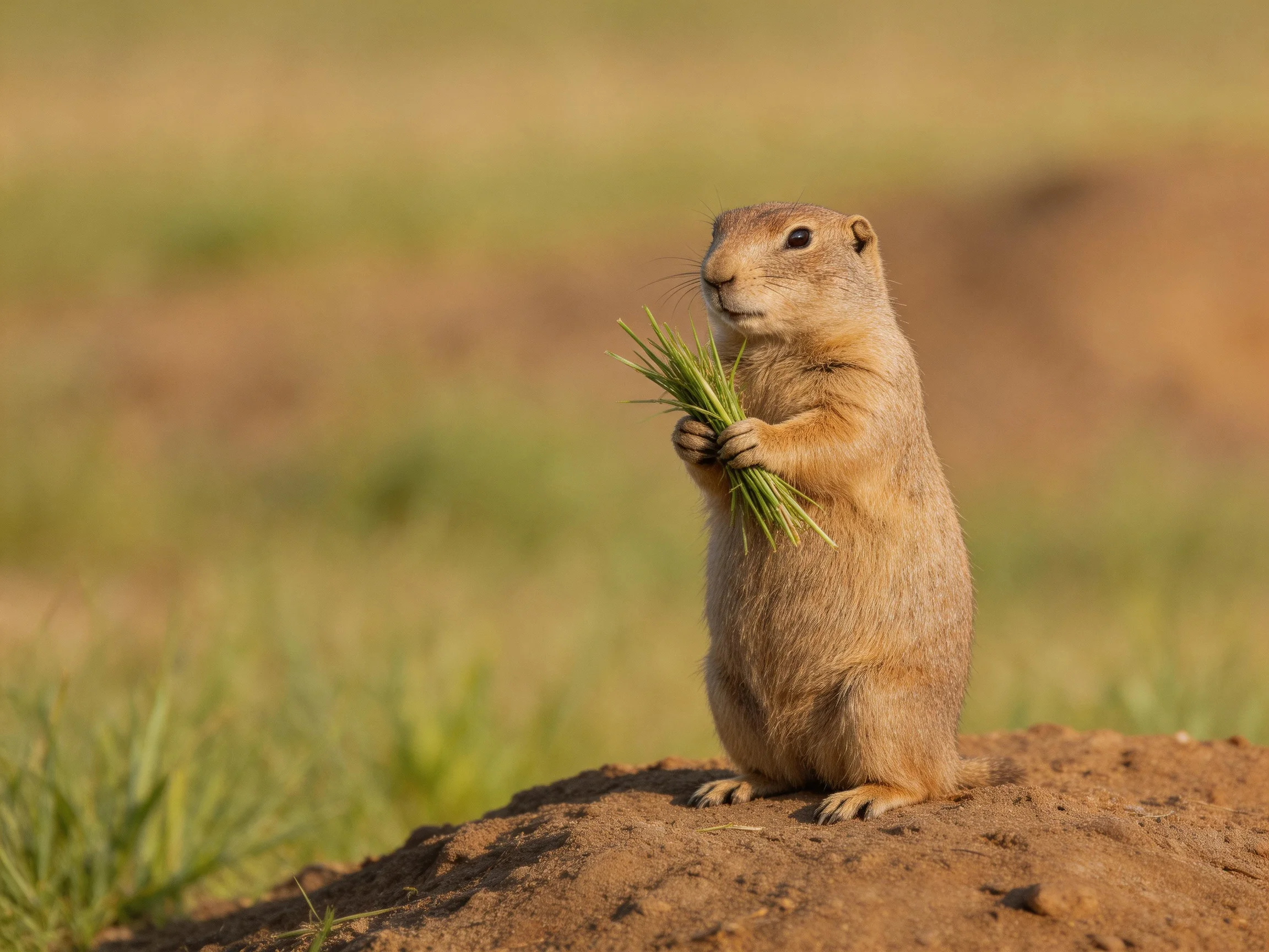 A prairie dog holds grass while standing on a mound in a grassy field.