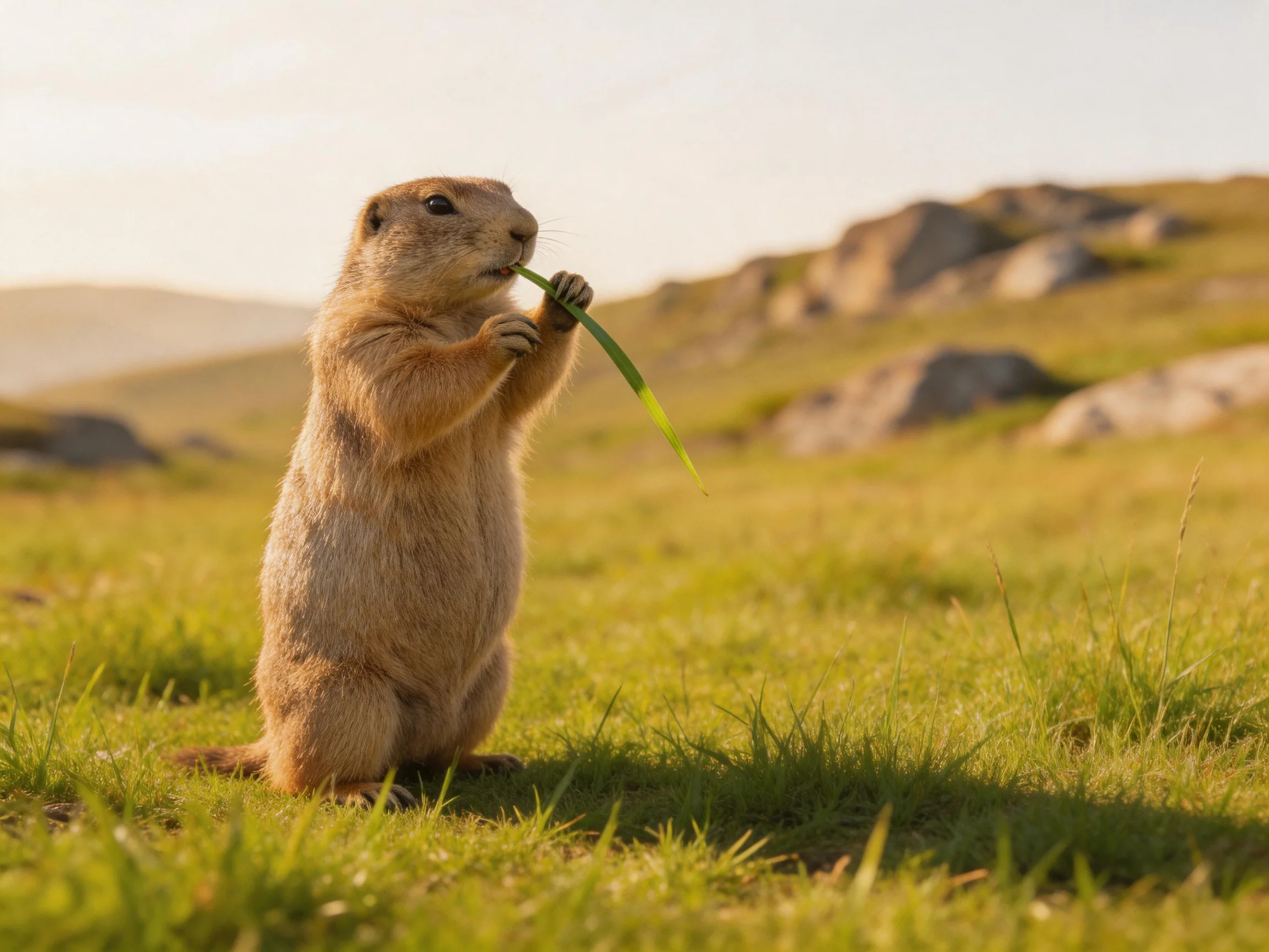 A tan prairie dog stands on grass eating a green stem