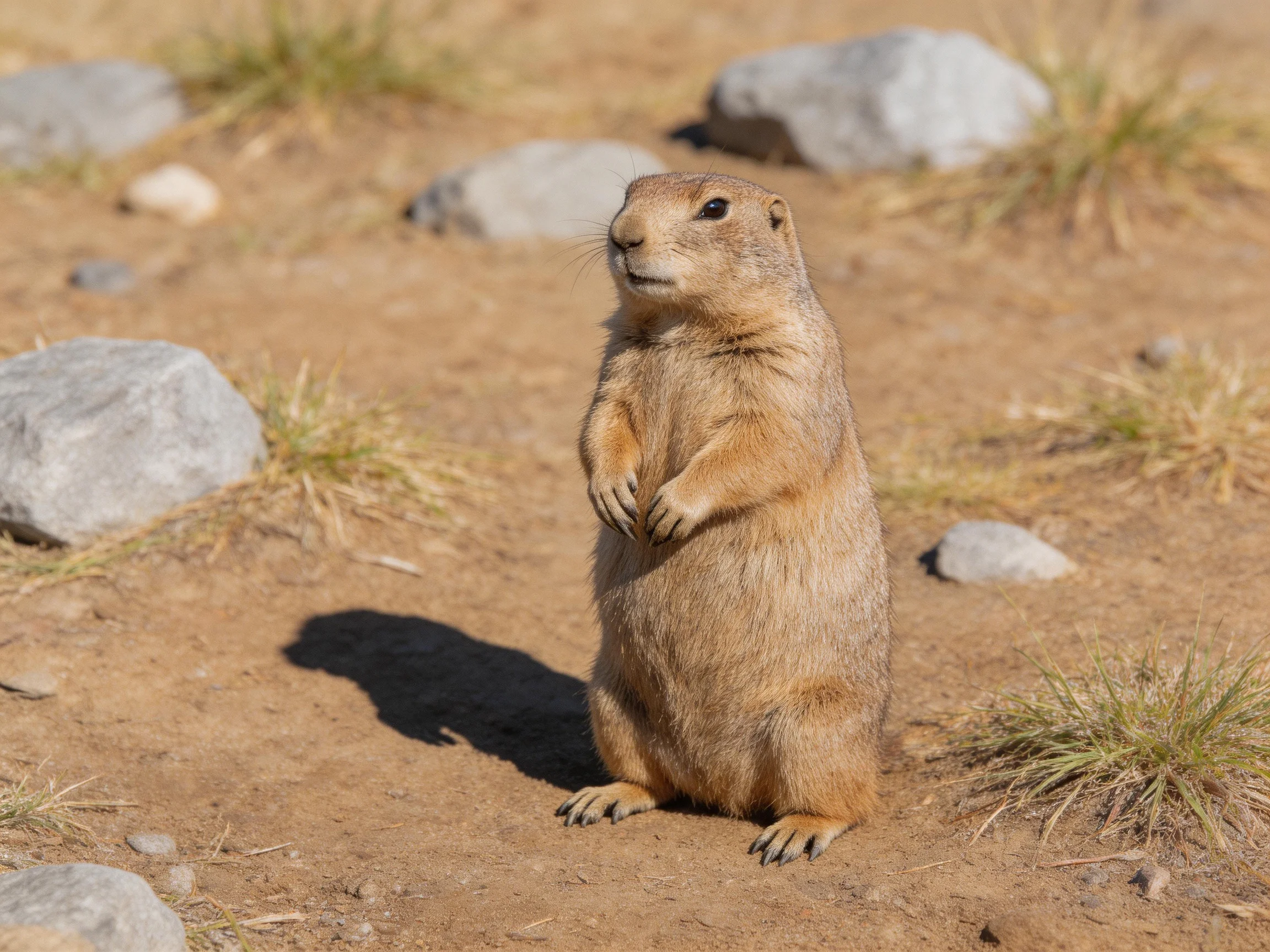 A tan prairie dog stands on sandy ground with scattered gray rocks