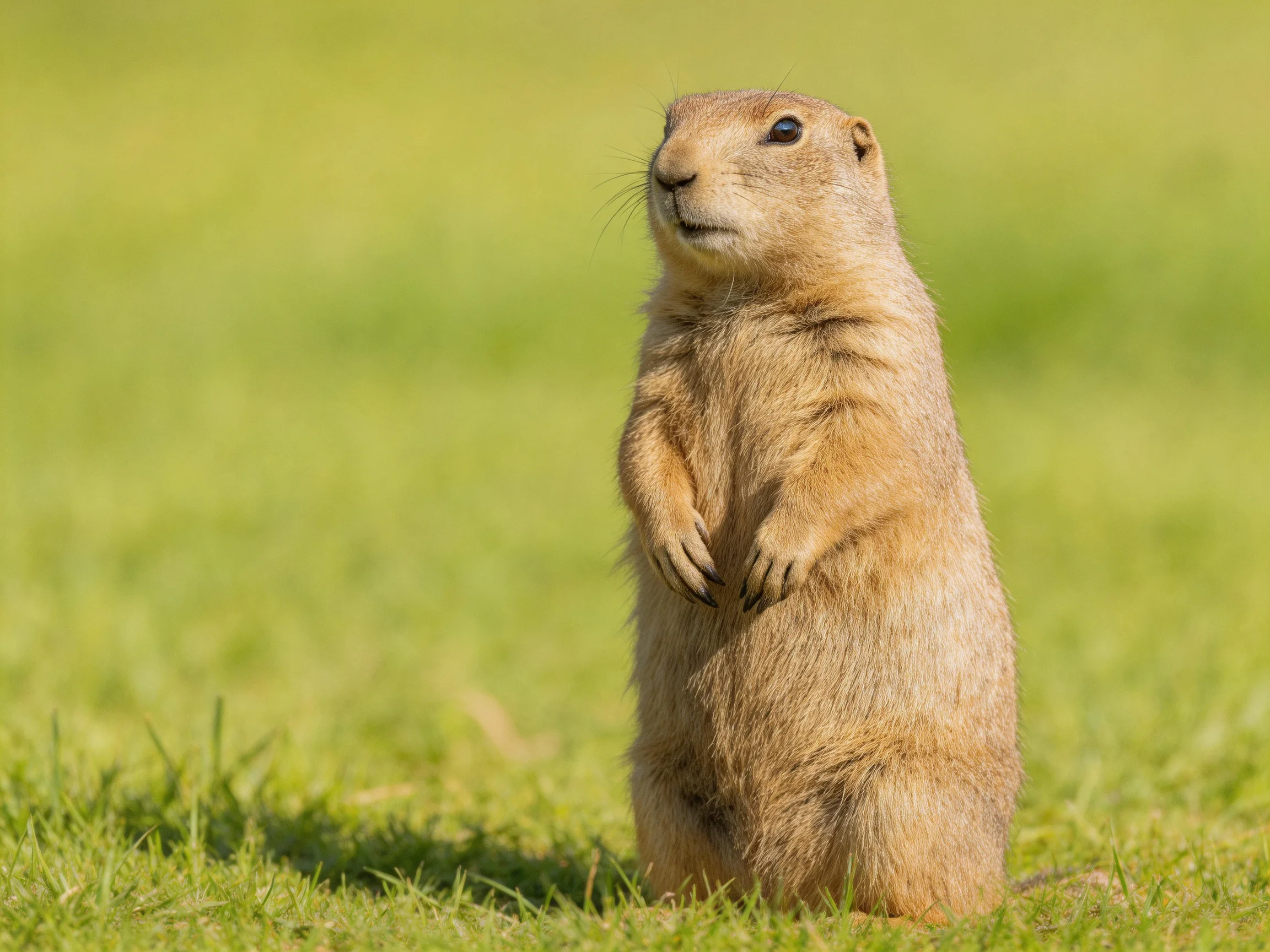 A tan prairie dog stands upright on lush green grass.