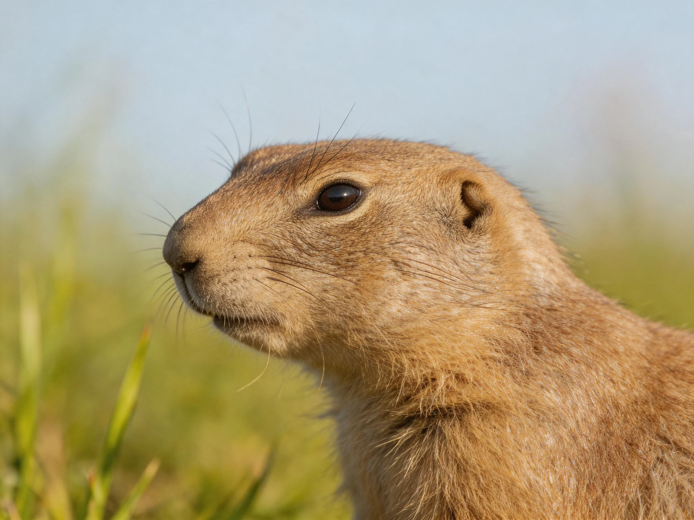 A tan prairie dog with dark eyes in a grassy landscape