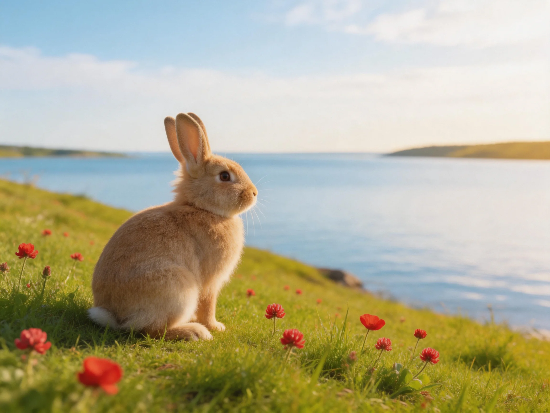A tan rabbit sits among red flowers near calm blue waters