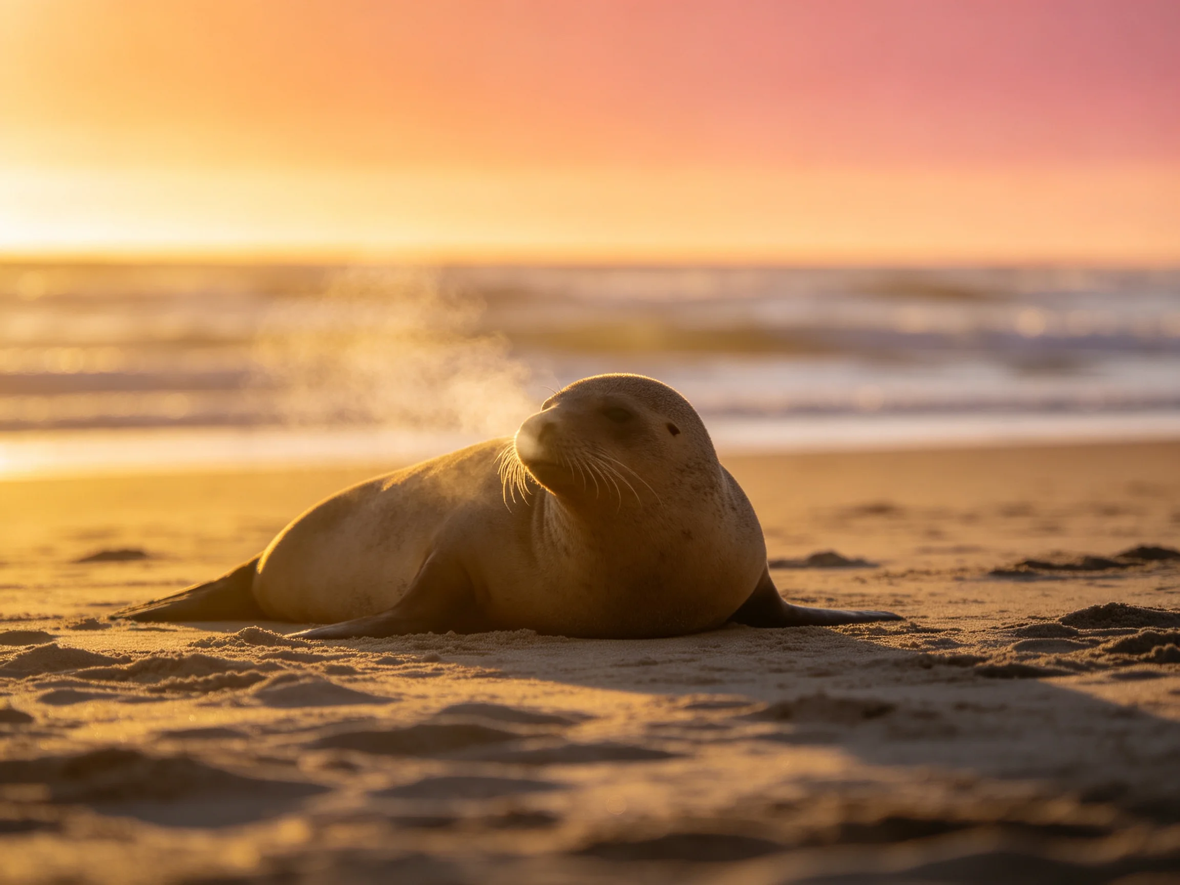 A tan sea lion rests on sandy beach during sunset