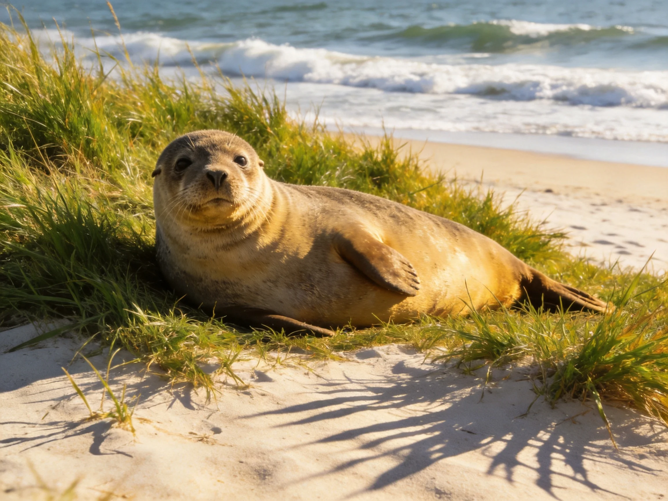 A tan seal rests amid green grass on a sandy beach with crashing waves