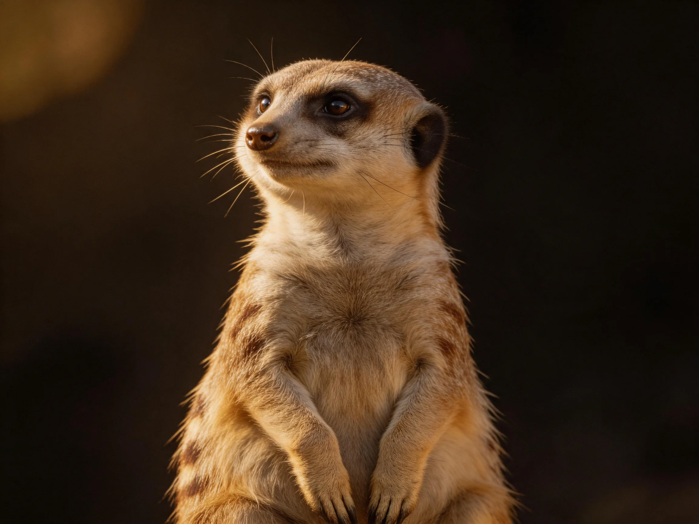 A tan-spotted meerkat stands alert with a dark backdrop