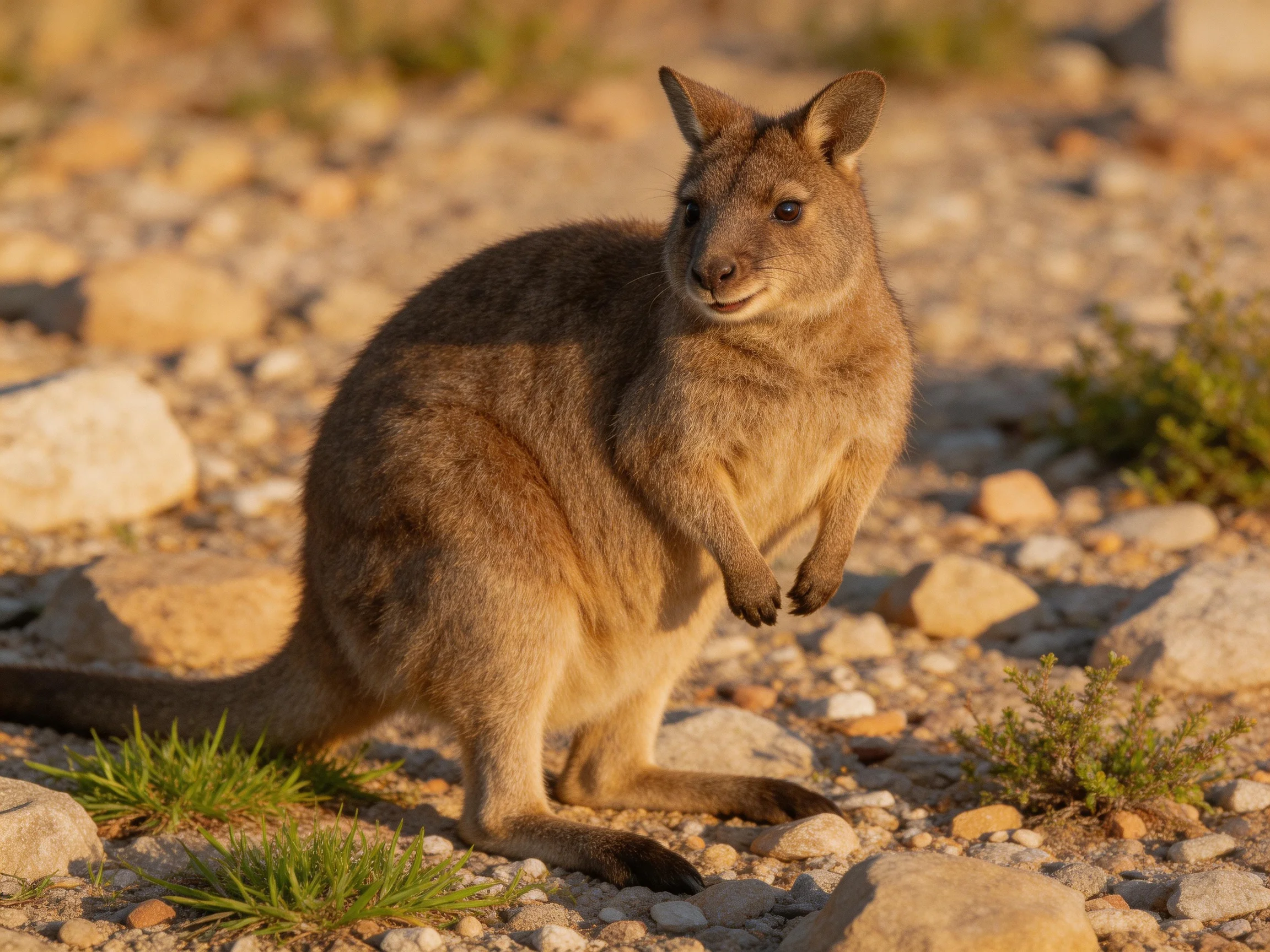 A tan wallaby stands on rocky terrain with scattered stones and shrubs