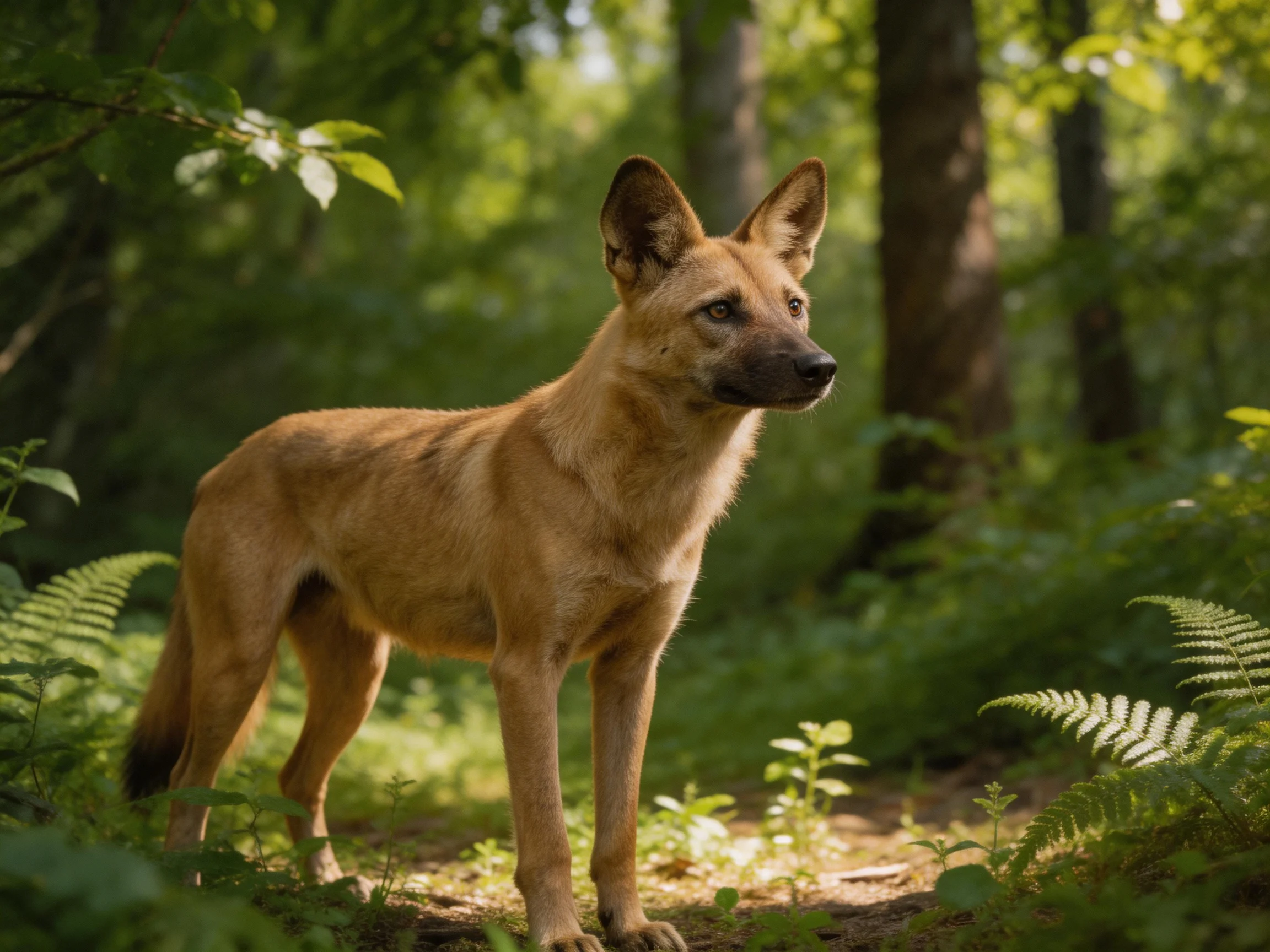 A tan wild dog stands among dense green foliage in a sunlit forest