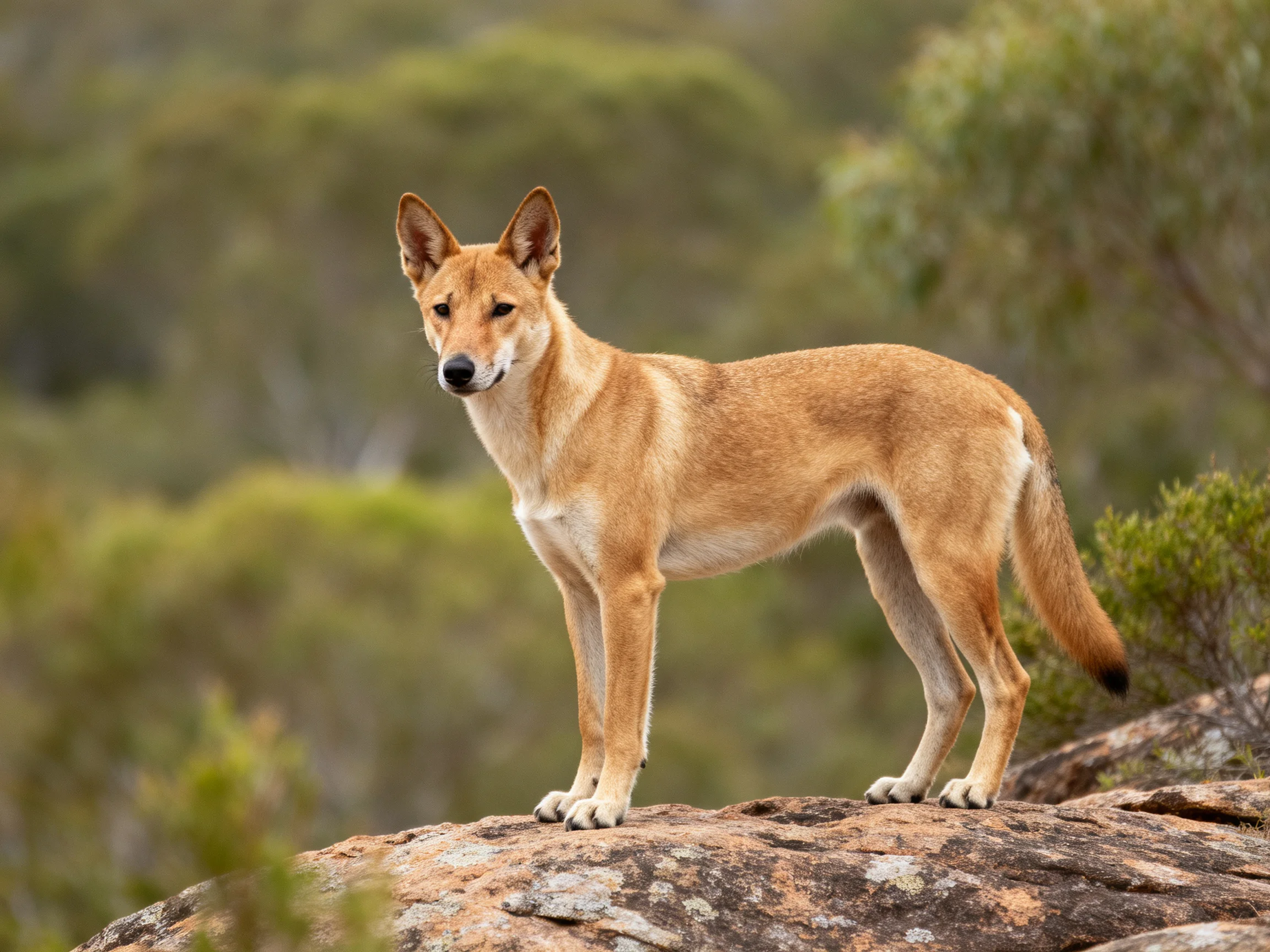 A tan wild dog stands on a rocky outcrop with green surroundings