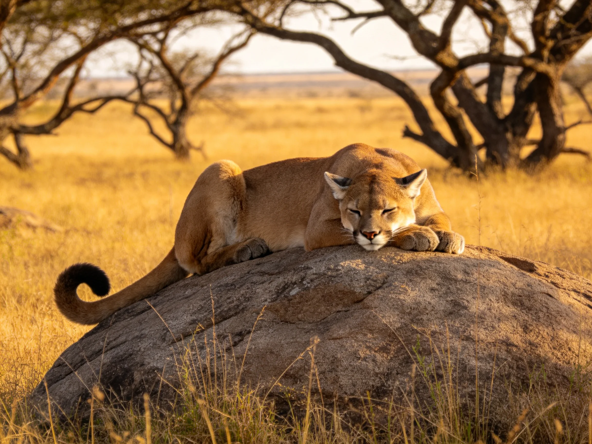 A tan wildcat rests on a massive rock in golden savannah