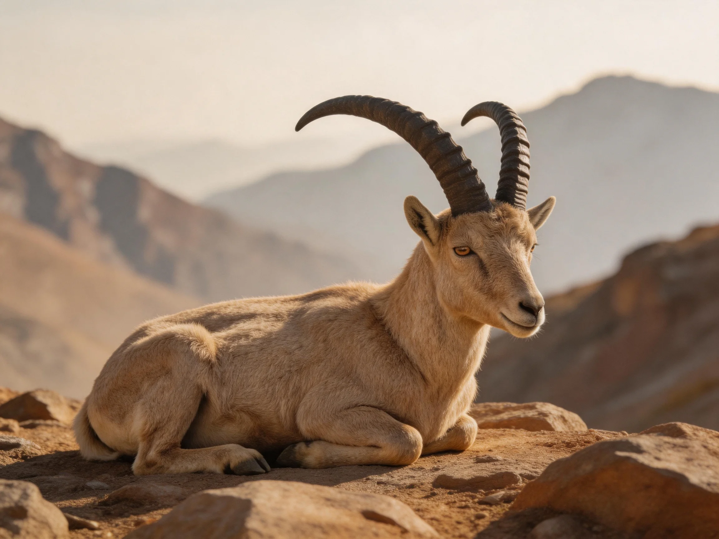 A tanibex rests on reddish rocks amidst hazy mountainous terrain
