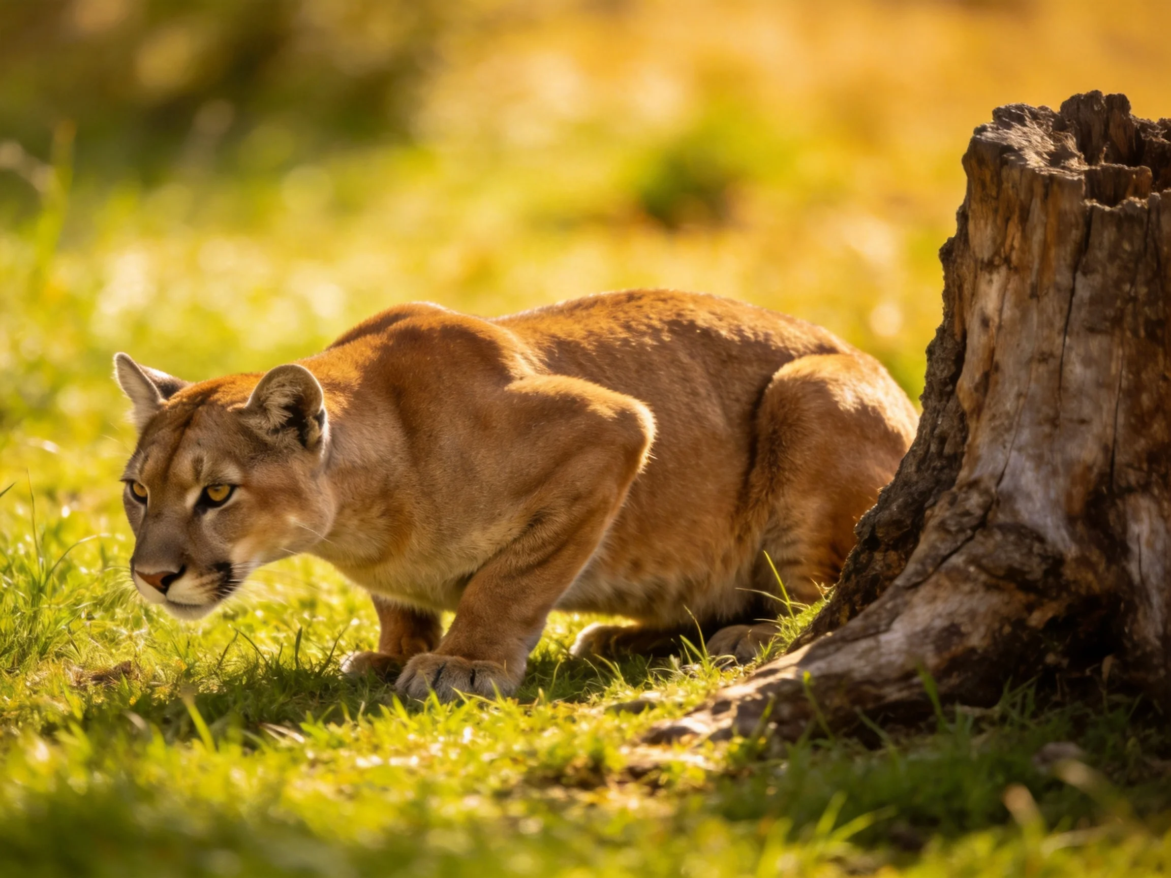 A tawny cougar crouches near an aged tree stump in golden grass