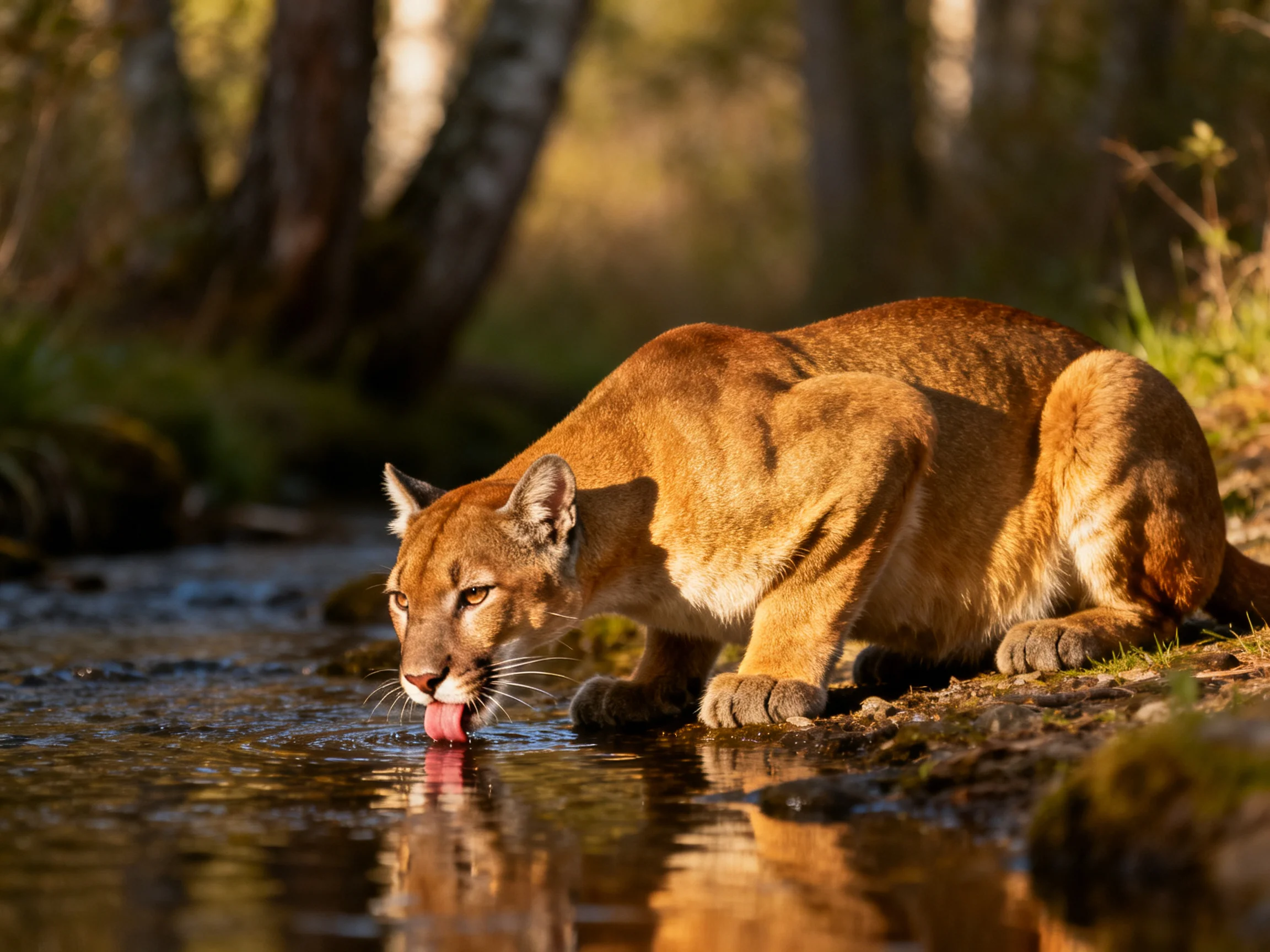 A tawny cougar drinks from a sunlit forest stream