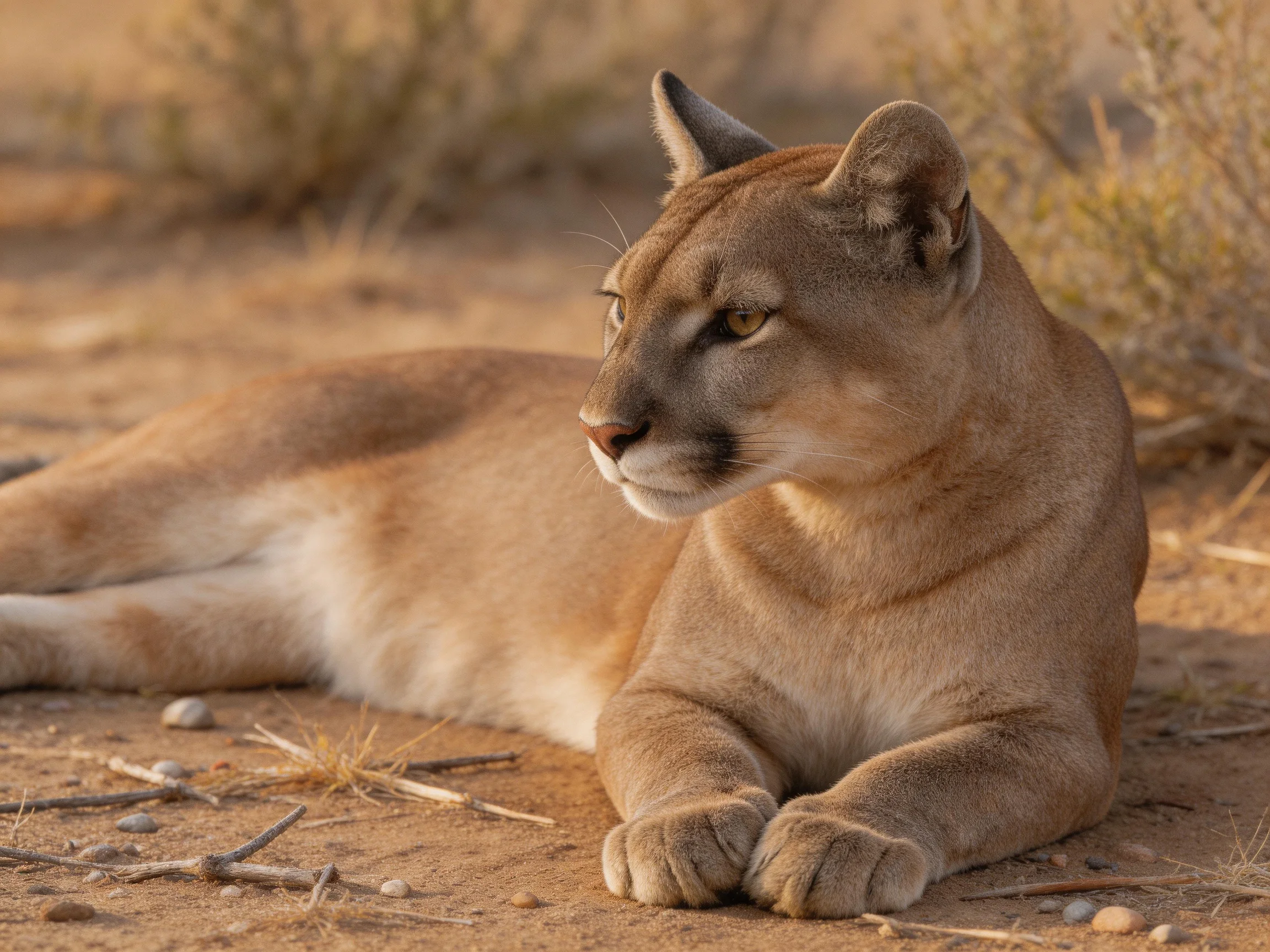 A tawny cougar rests in a sunlit desert landscape