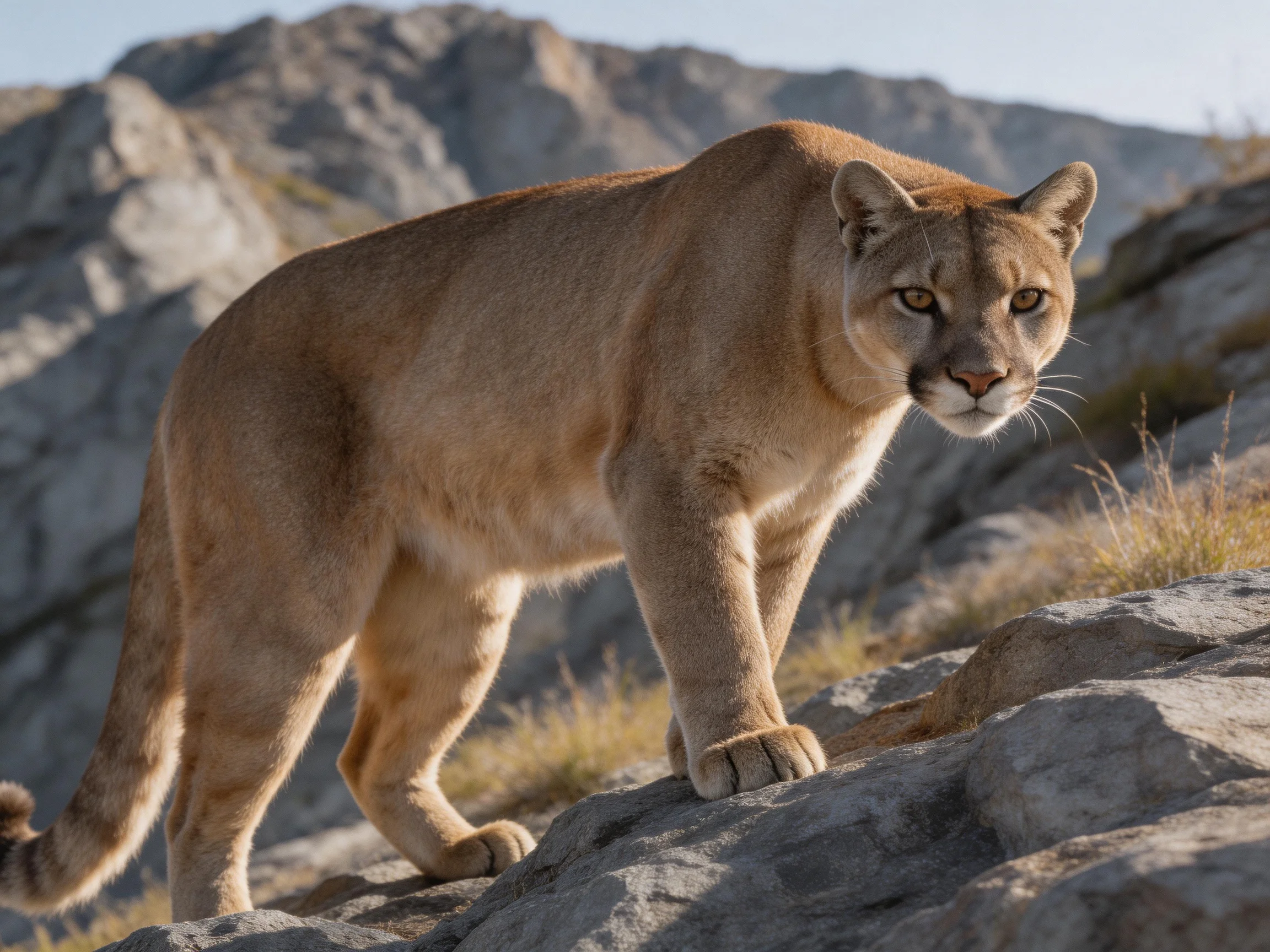 A tawny cougar stands on rugged gray rocks near rocky hills