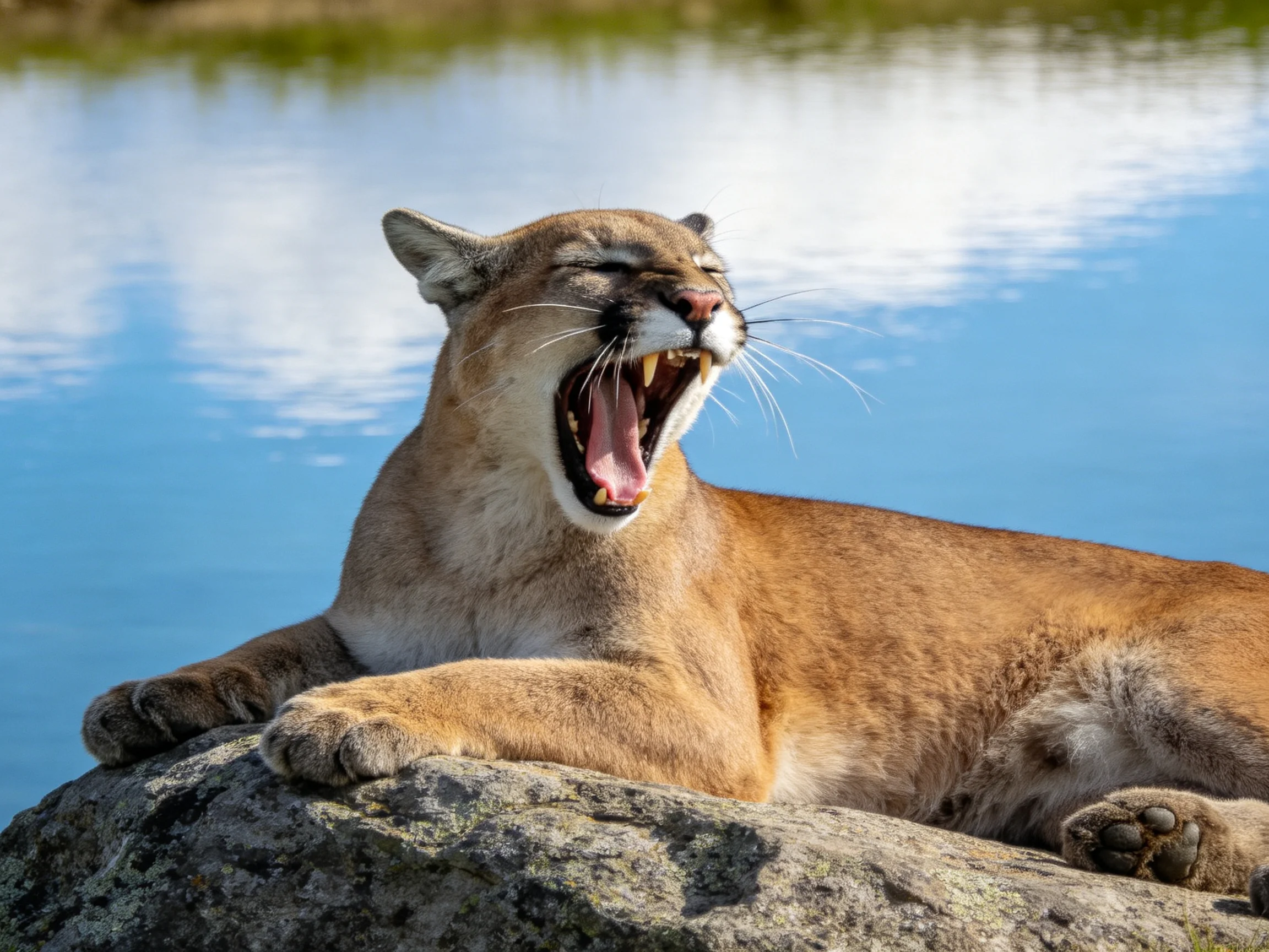 A tawny cougar yawns on a large gray rock by calm blue water