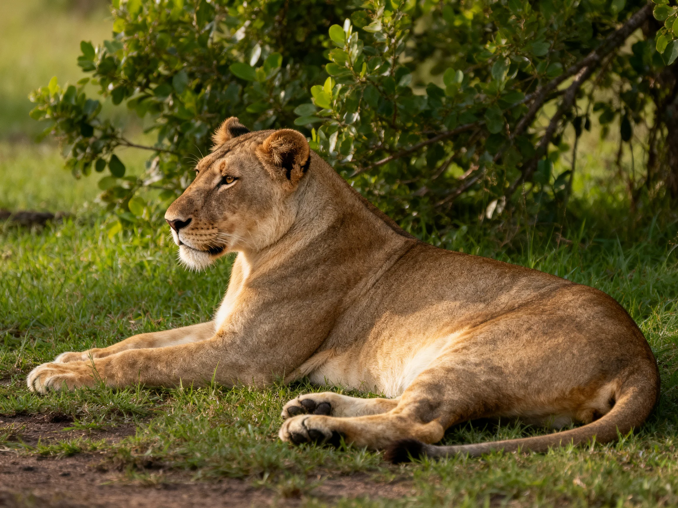 A tawny lioness rests near lush green bushes