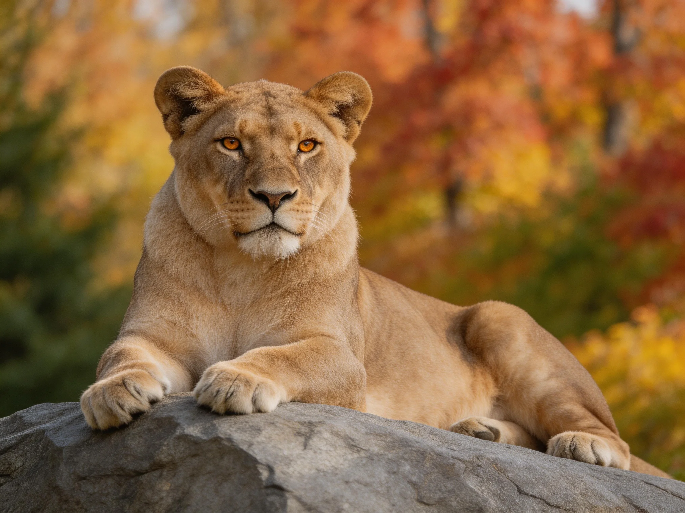 A tawny lioness rests on a gray rock amidst vibrant autumn foliage