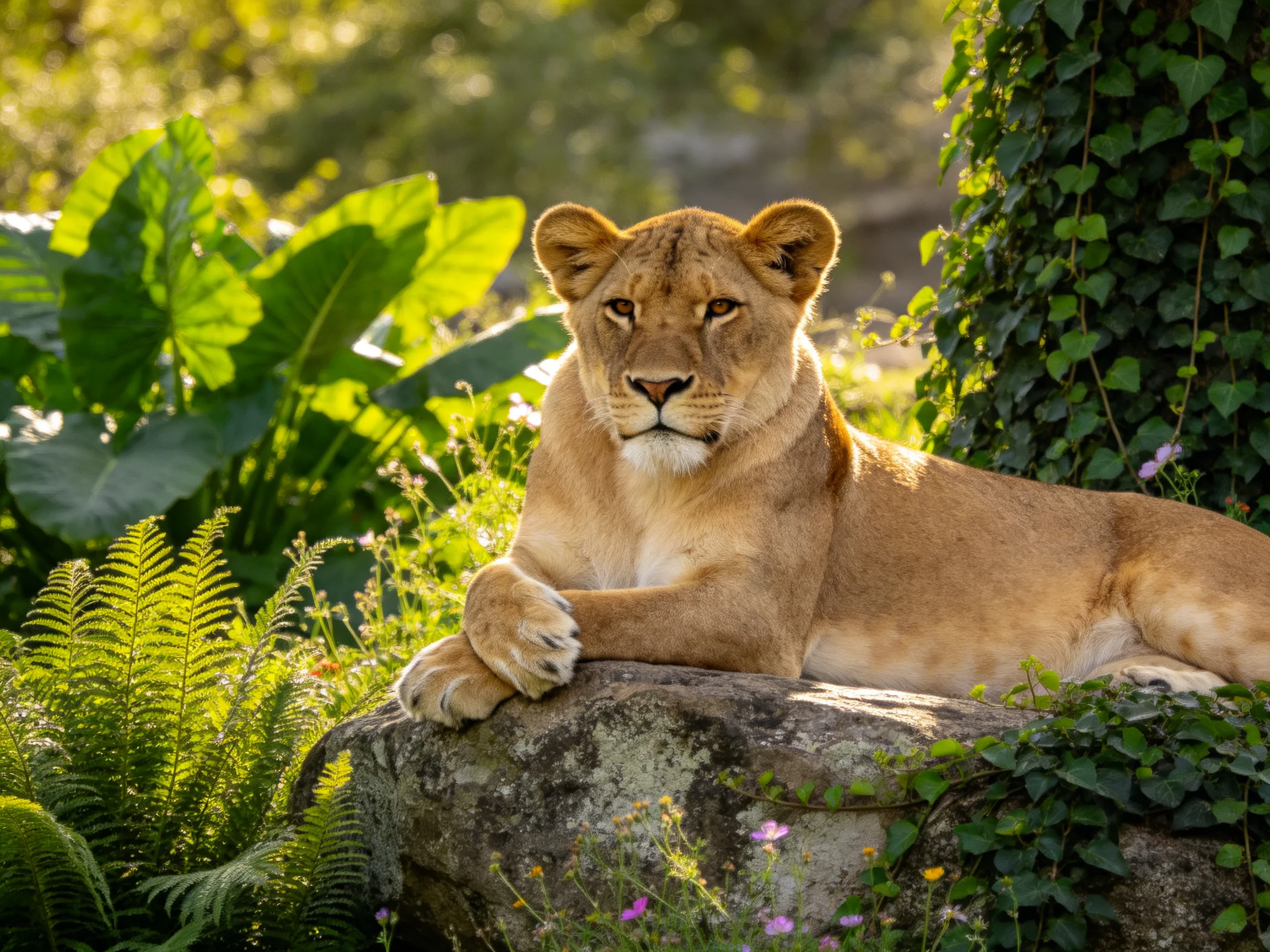A tawny lioness rests on a mossy rock amid lush greenery